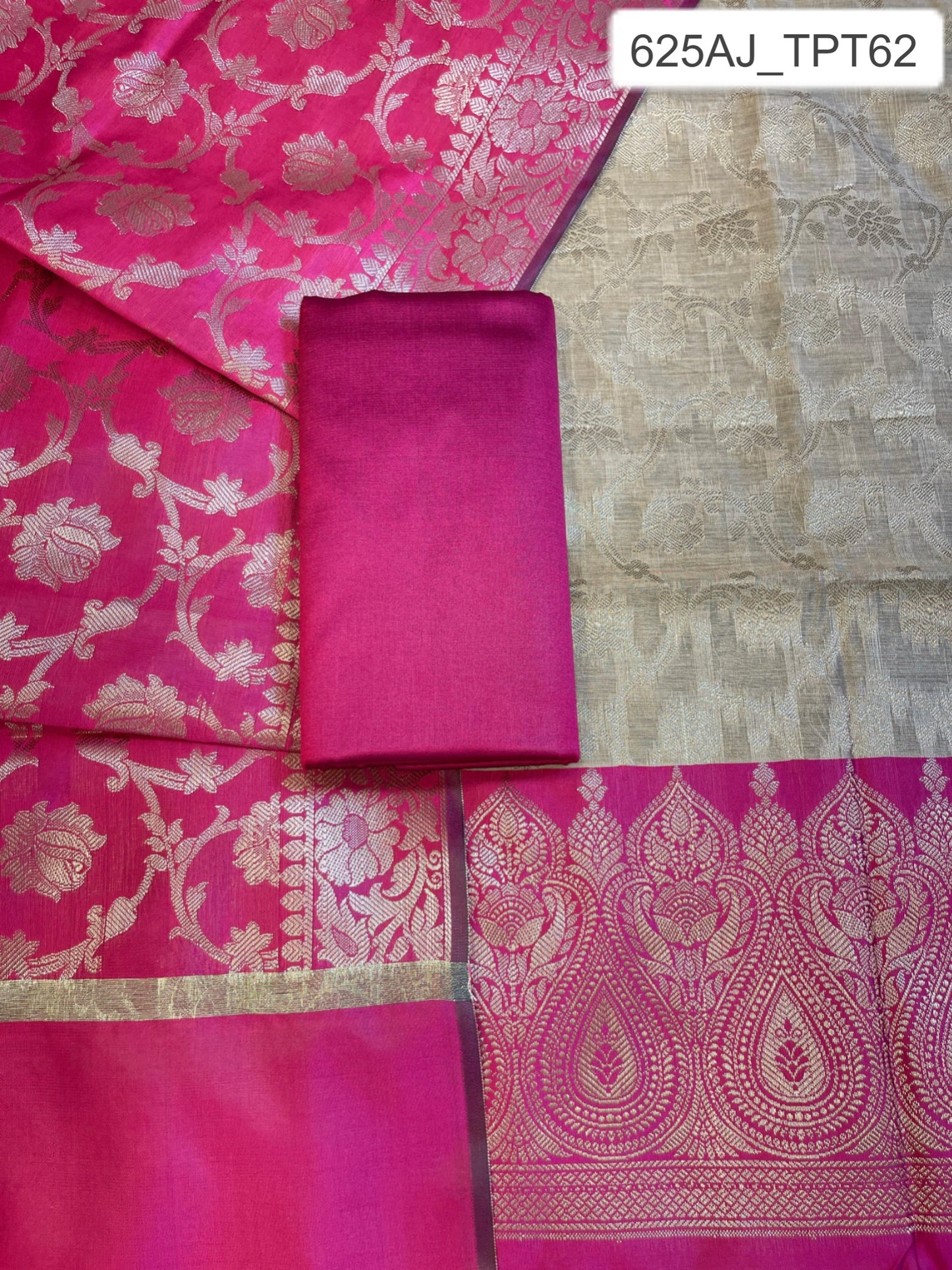 Beige Art Silk Floral Zari Jaal Contrast Banarasi Suit with Magenta Dupatta 625AJ_TPT62