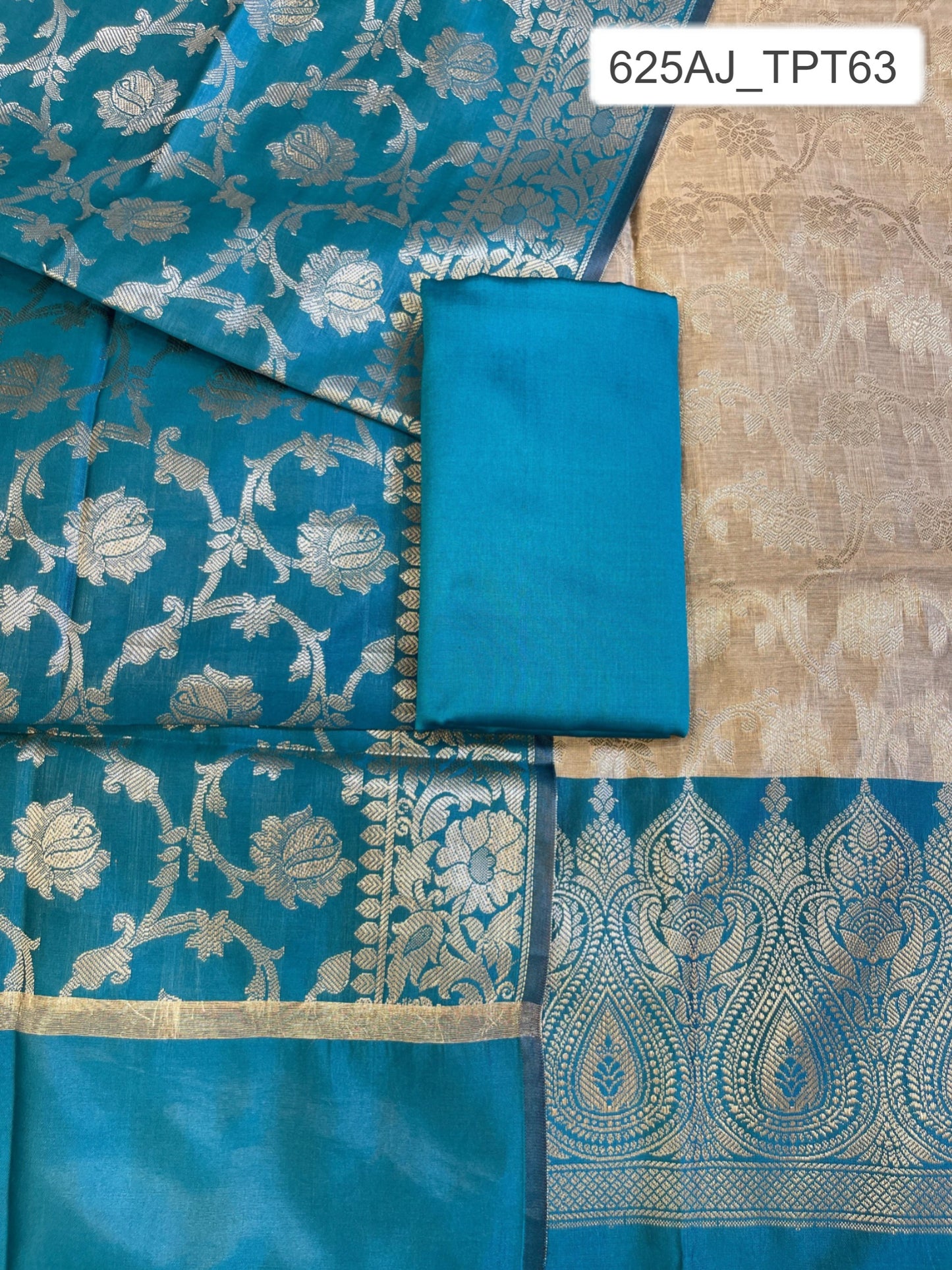 Beige Art Silk Floral Zari Jaal Contrast Banarasi Suit with Seagreen Dupatta 625AJ_TPT63