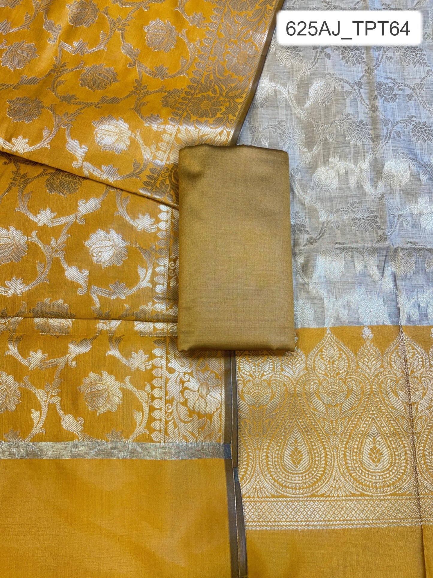 Beige Art Silk Floral Zari Jaal Contrast Banarasi Suit with Mustard Yellow Dupatta