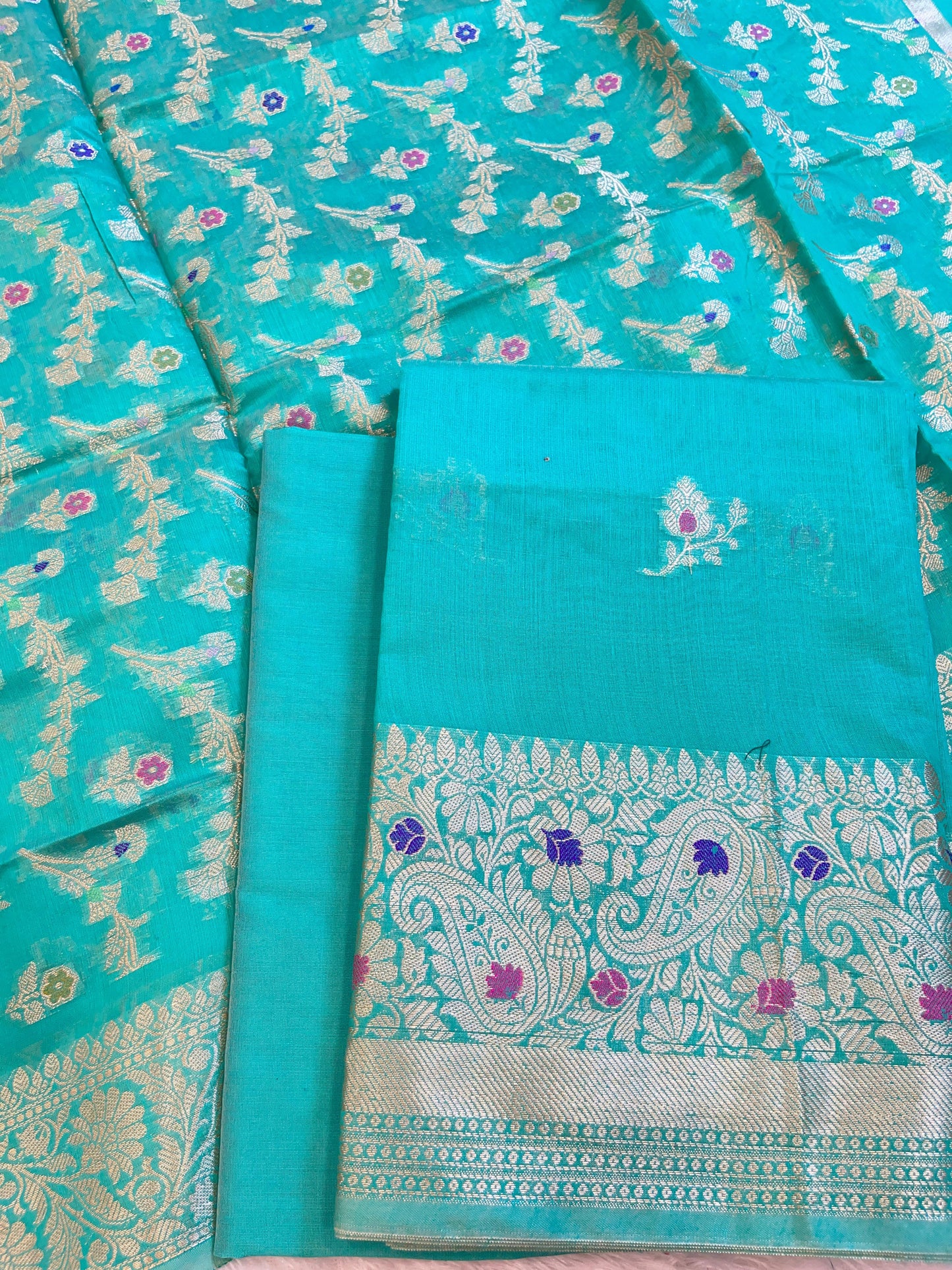 Seagreen Cotton Resham Mina Zari Booti Paisley Mina Border Banarasi Suit 625SHL_CT10