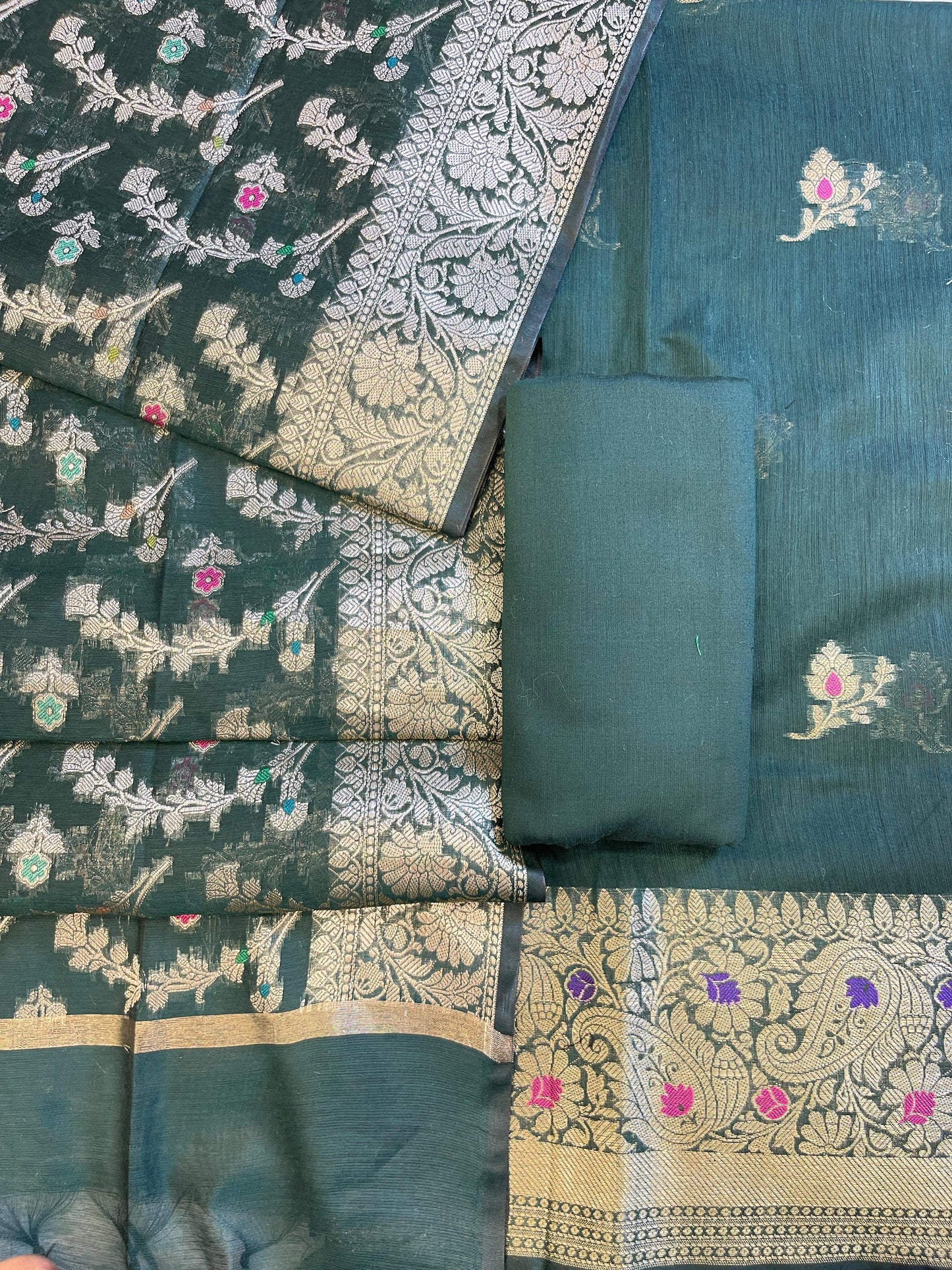 Darkgreen Cotton Resham Mina Floral Booti Paisley Mina Border Banarasi Suit 625SHL_CT23