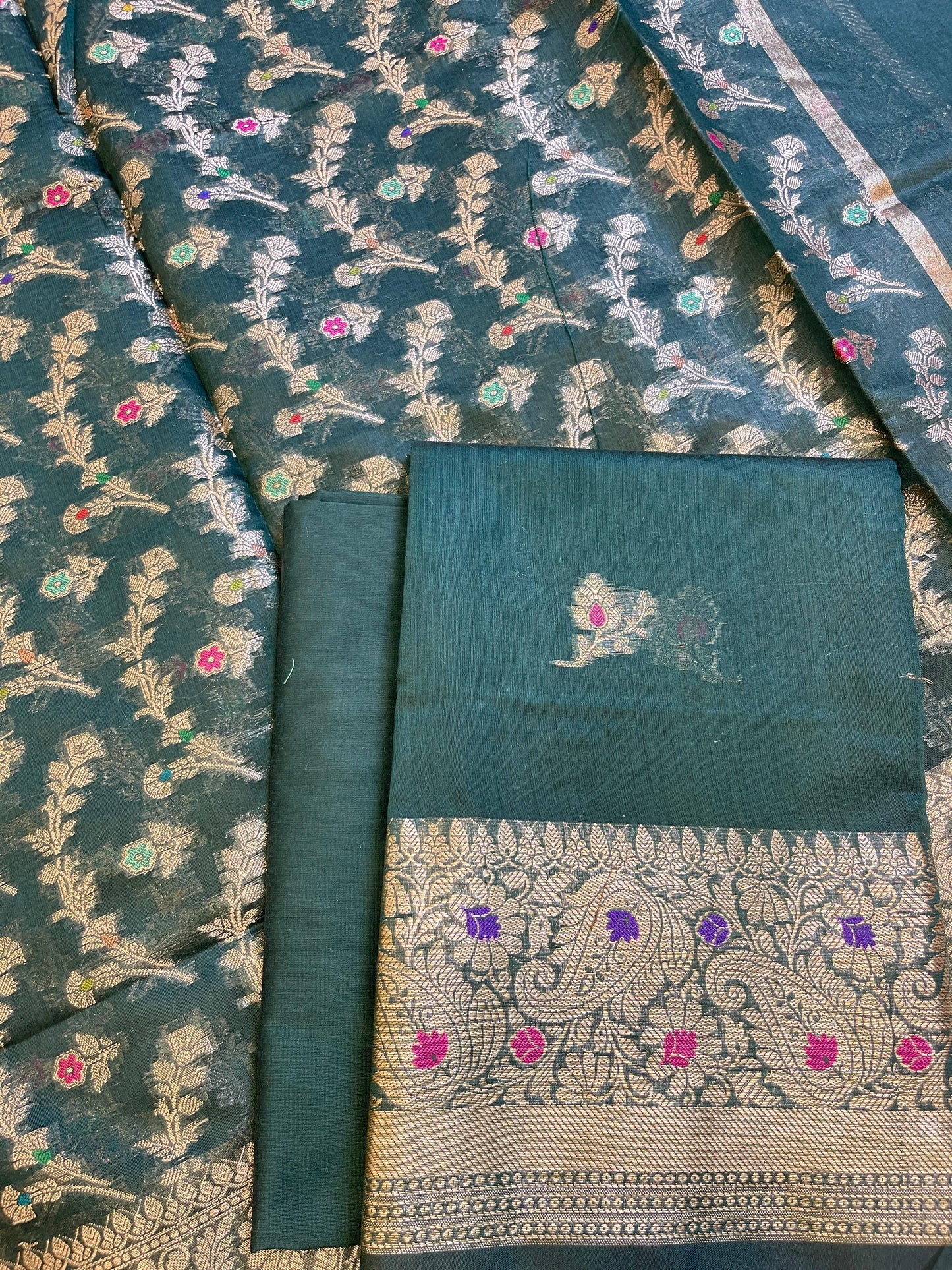 Darkgreen Cotton Resham Mina Floral Booti Paisley Mina Border Banarasi Suit 625SHL_CT23