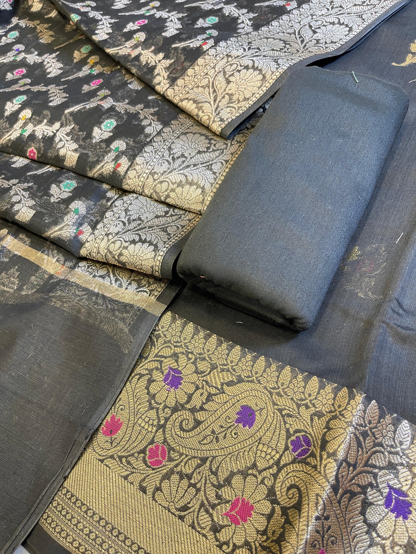 Black Cotton Resham Mina Floral Booti Paisley Mina Border Banarasi Suit 625SHL_CT24