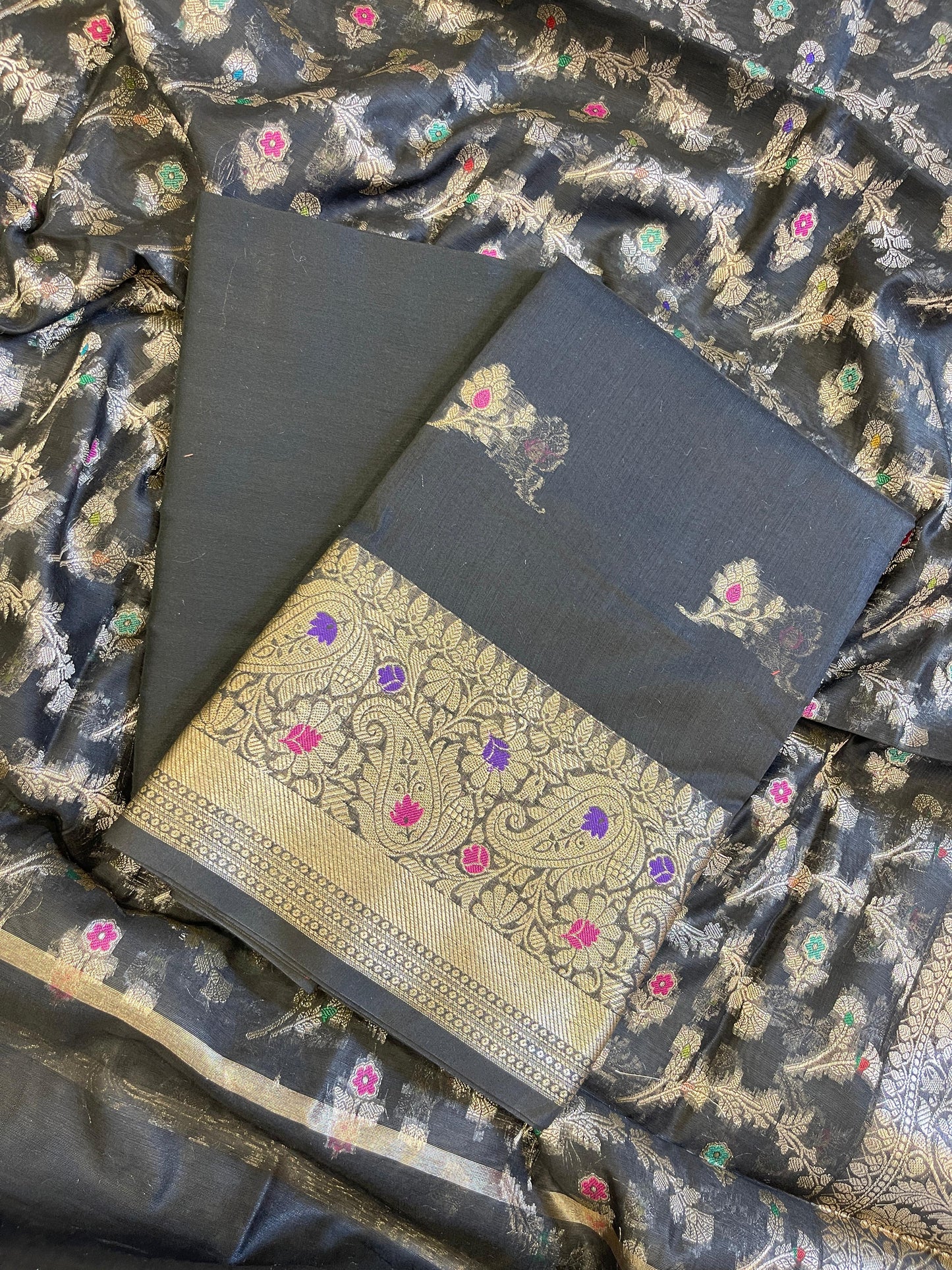 Black Cotton Resham Mina Floral Booti Paisley Mina Border Banarasi Suit 625SHL_CT24