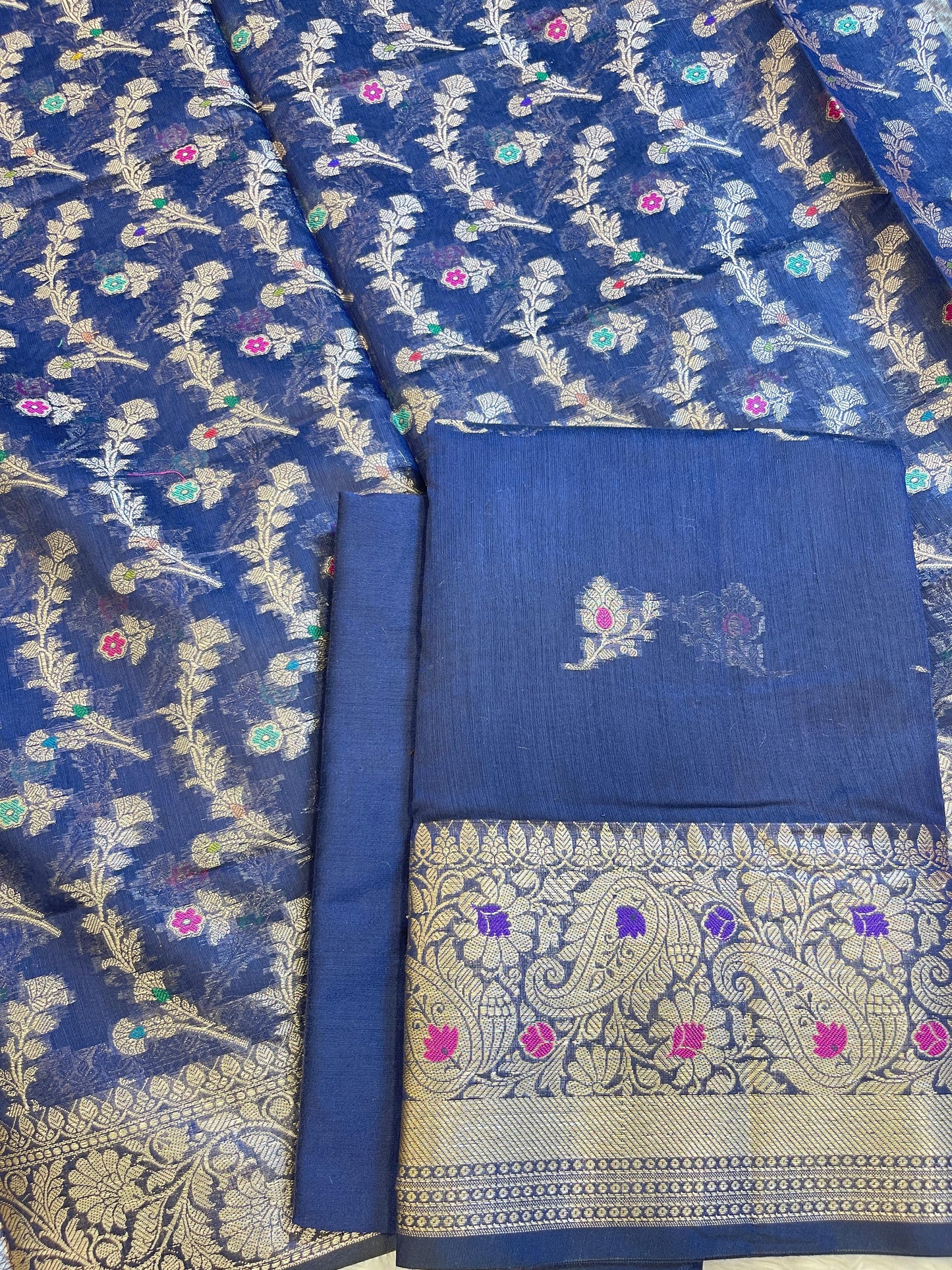 Navy Blue Cotton Resham Mina Floral Booti Paisley Mina Border Banarasi Suit 625SHL_CT26