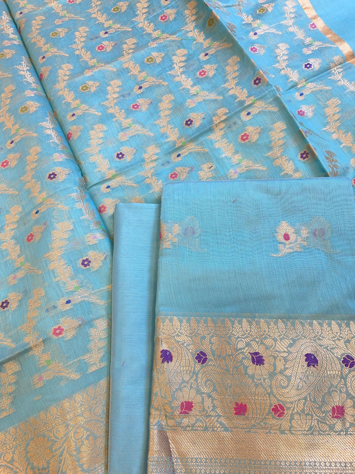 Sky Blue Cotton Resham Mina Zari Booti Paisley Mina Border Banarasi Suit 625SHL_CT6