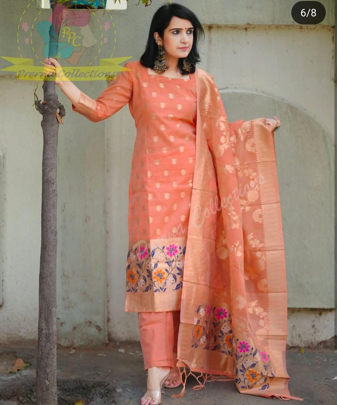 Peach Cotton Floral Zari Booti Banarasi Suit with Sleeves and Jamdani Dupatta 650SKL_JM26