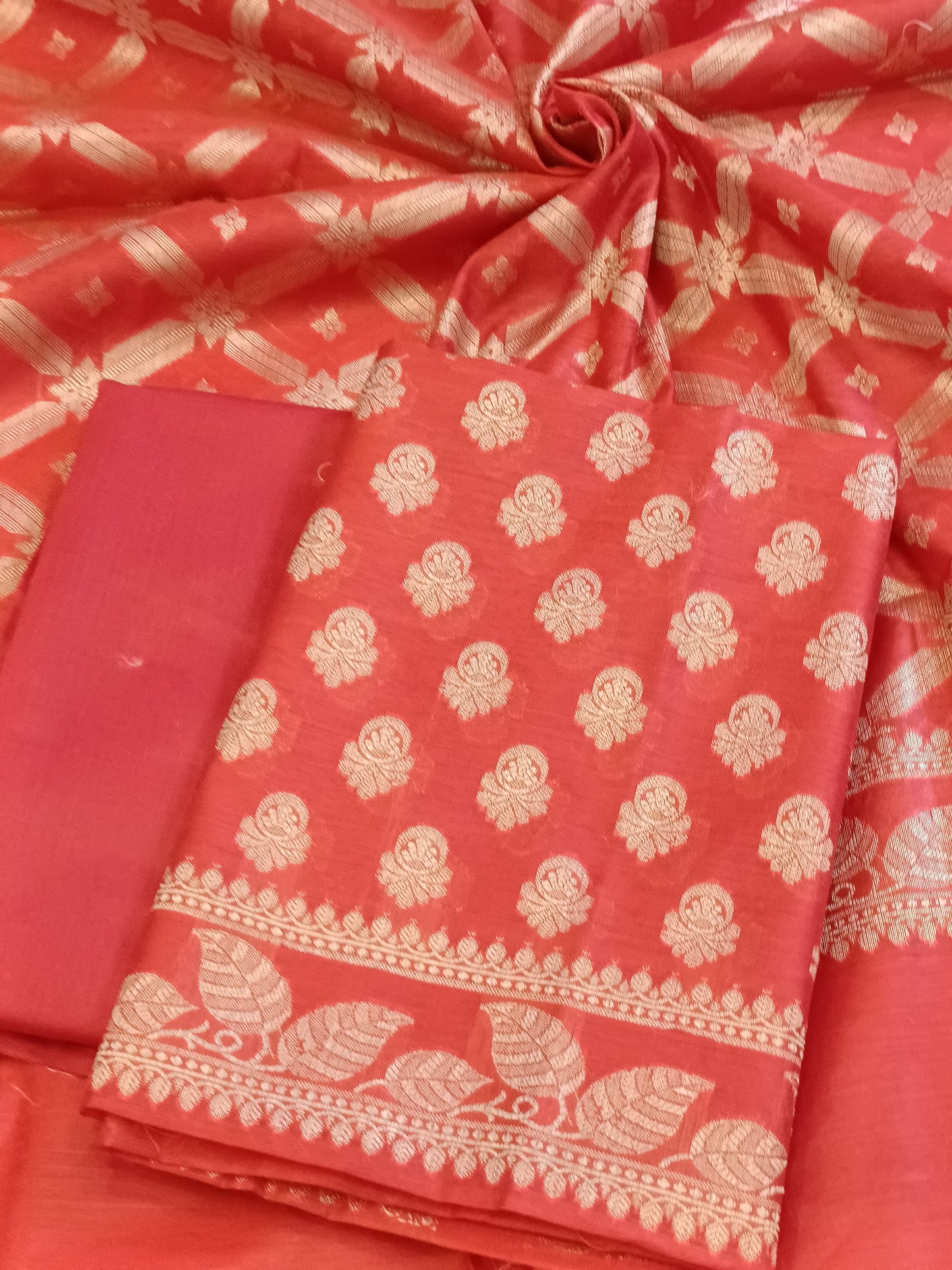 Red Cotton Blend Floral Zari Booti with Zig-Zag Zari Jaal Dupatta Banarasi Suit 65SHL_PV1