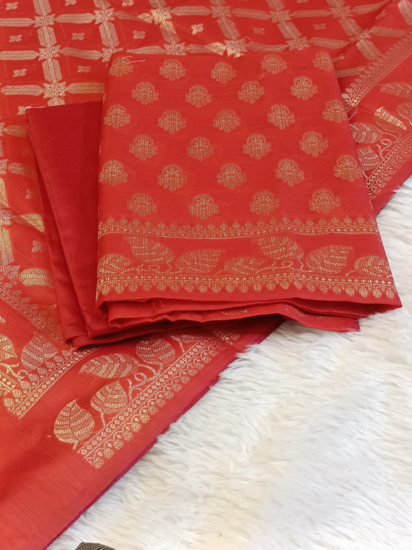 Red Cotton Blend Floral Zari Booti with Zig-Zag Zari Jaal Dupatta Banarasi Suit 65SHL_PV1