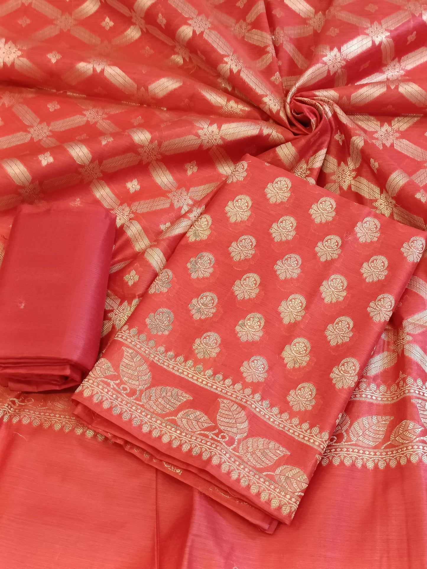 Red Cotton Blend Floral Zari Booti with Zig-Zag Zari Jaal Dupatta Banarasi Suit 65SHL_PV1