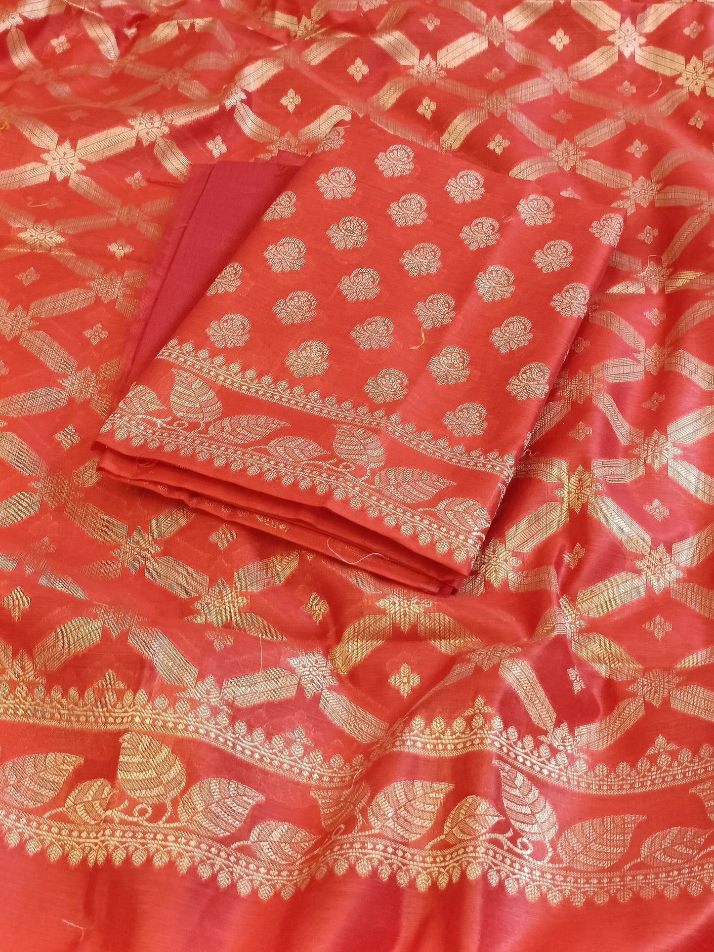 Red Cotton Blend Floral Zari Booti with Zig-Zag Zari Jaal Dupatta Banarasi Suit 65SHL_PV1