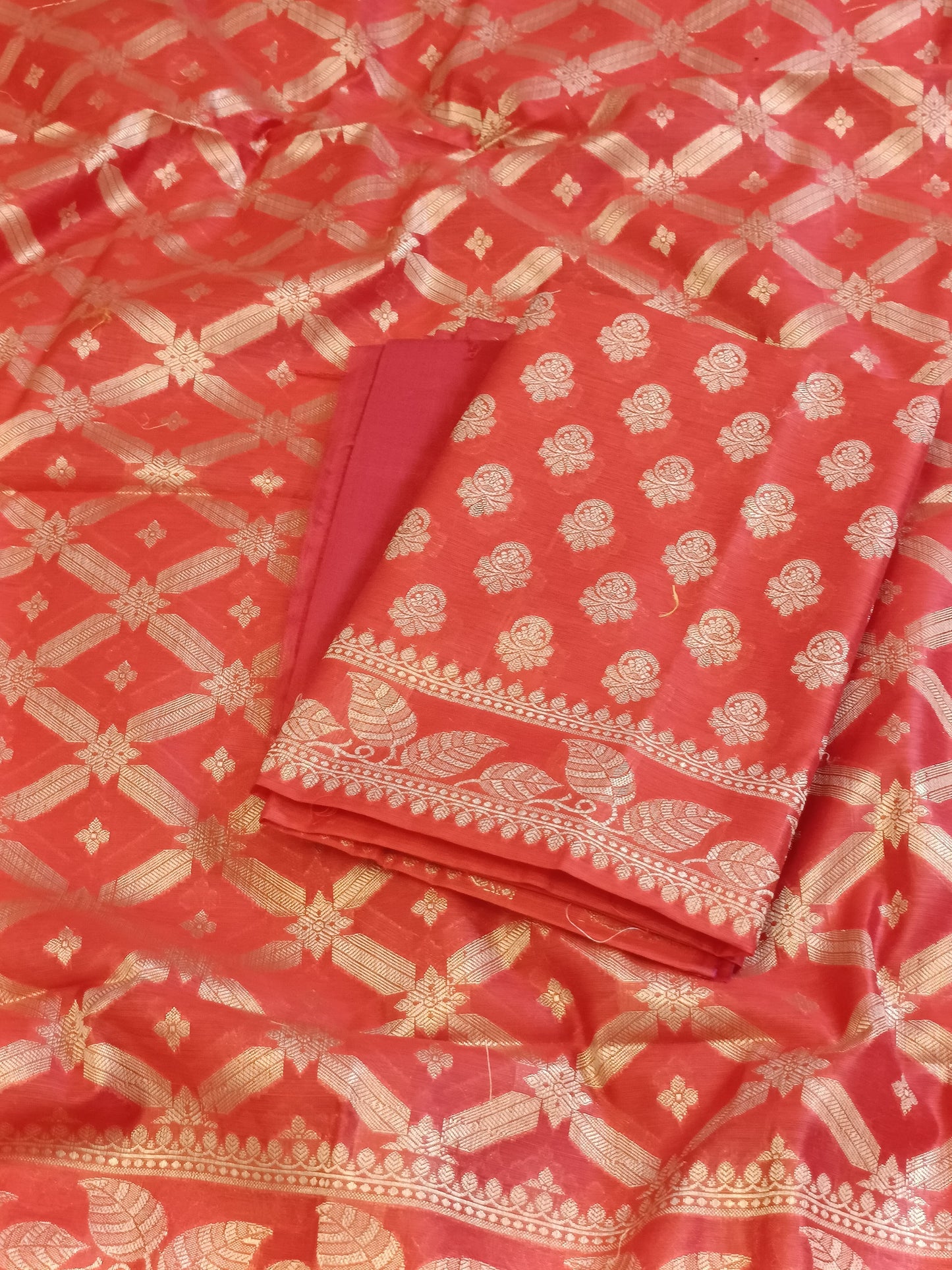 Red Cotton Blend Floral Zari Booti with Zig-Zag Zari Jaal Dupatta Banarasi Suit 65SHL_PV1