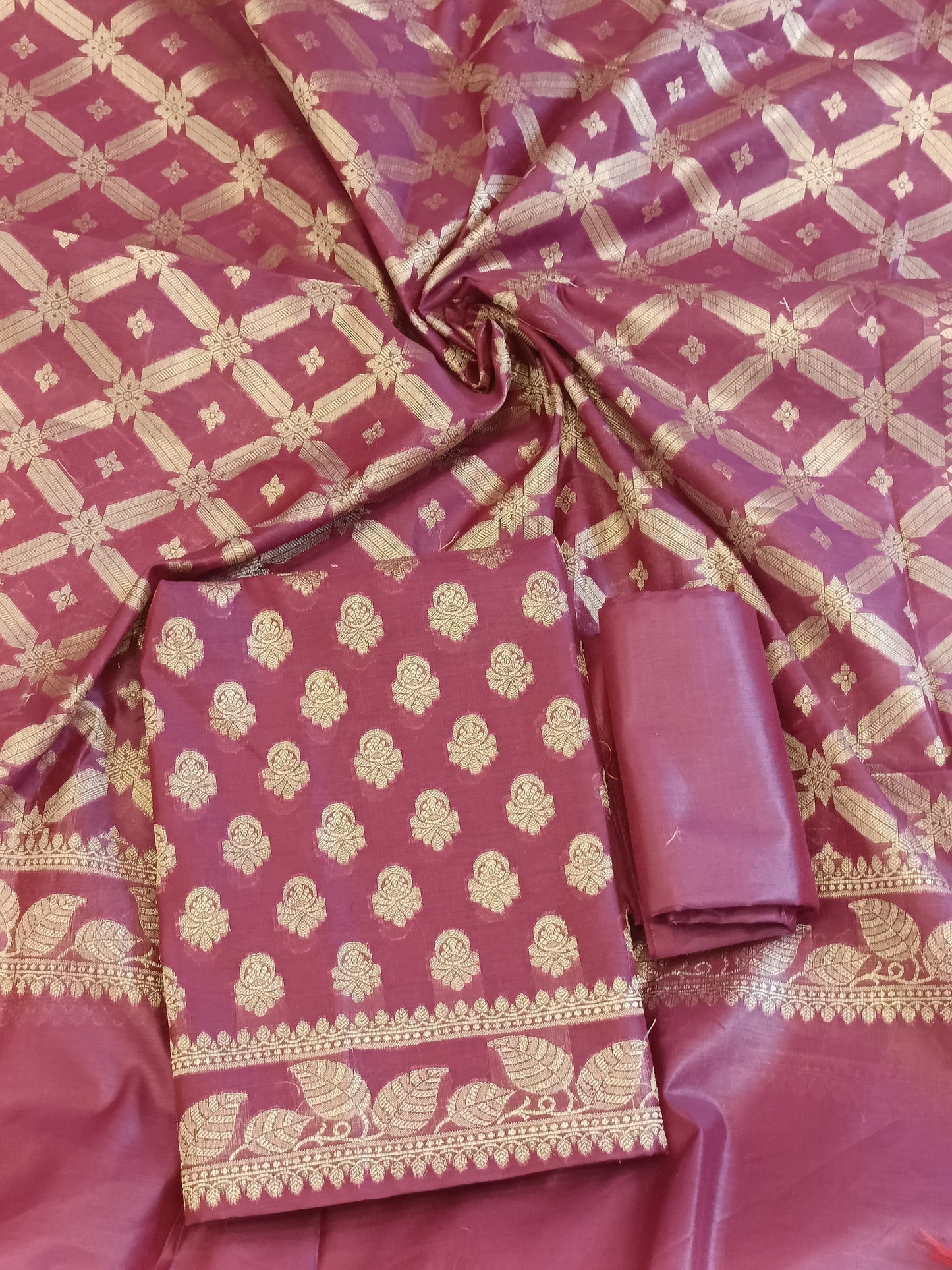 Burgundy Cotton Blend Floral Zari Booti with Zig-Zag Zari Jaal Dupatta Banarasi Suit 65SHL_PV3