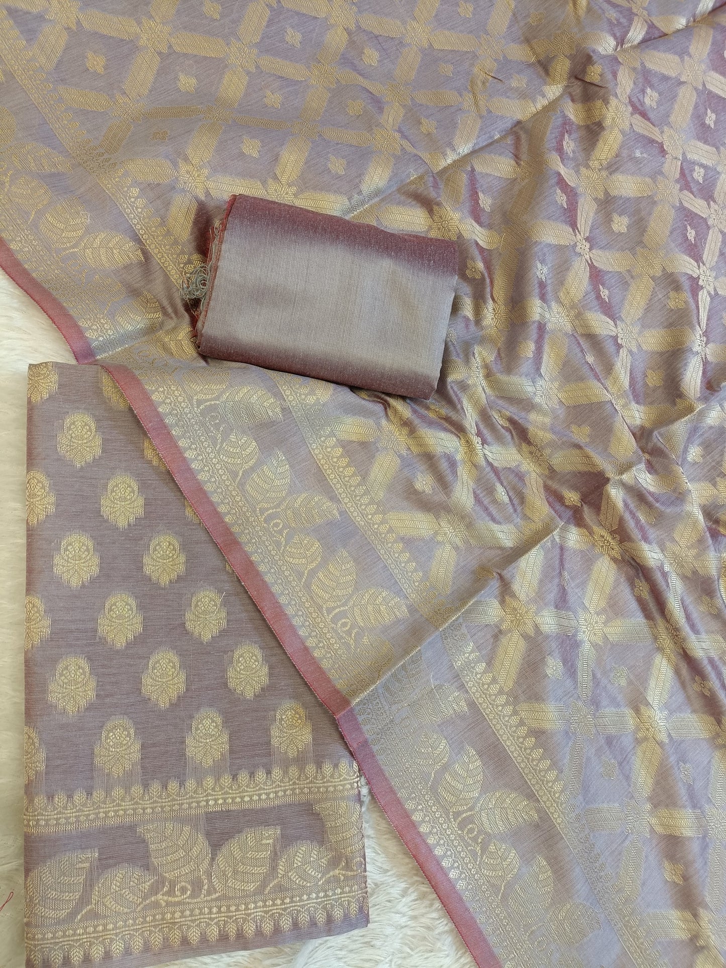 Grey Cotton Blend Floral Zari Booti with Zig-Zag Zari Jaal Dupatta Banarasi Suit 65SHL_PV4