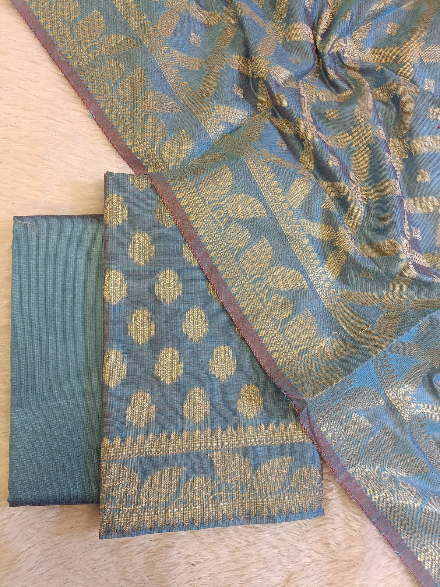 Light Blue Cotton Blend Floral Zari Booti with Zig-Zag Zari Jaal Dupatta Banarasi Suit 65SHL_PV5