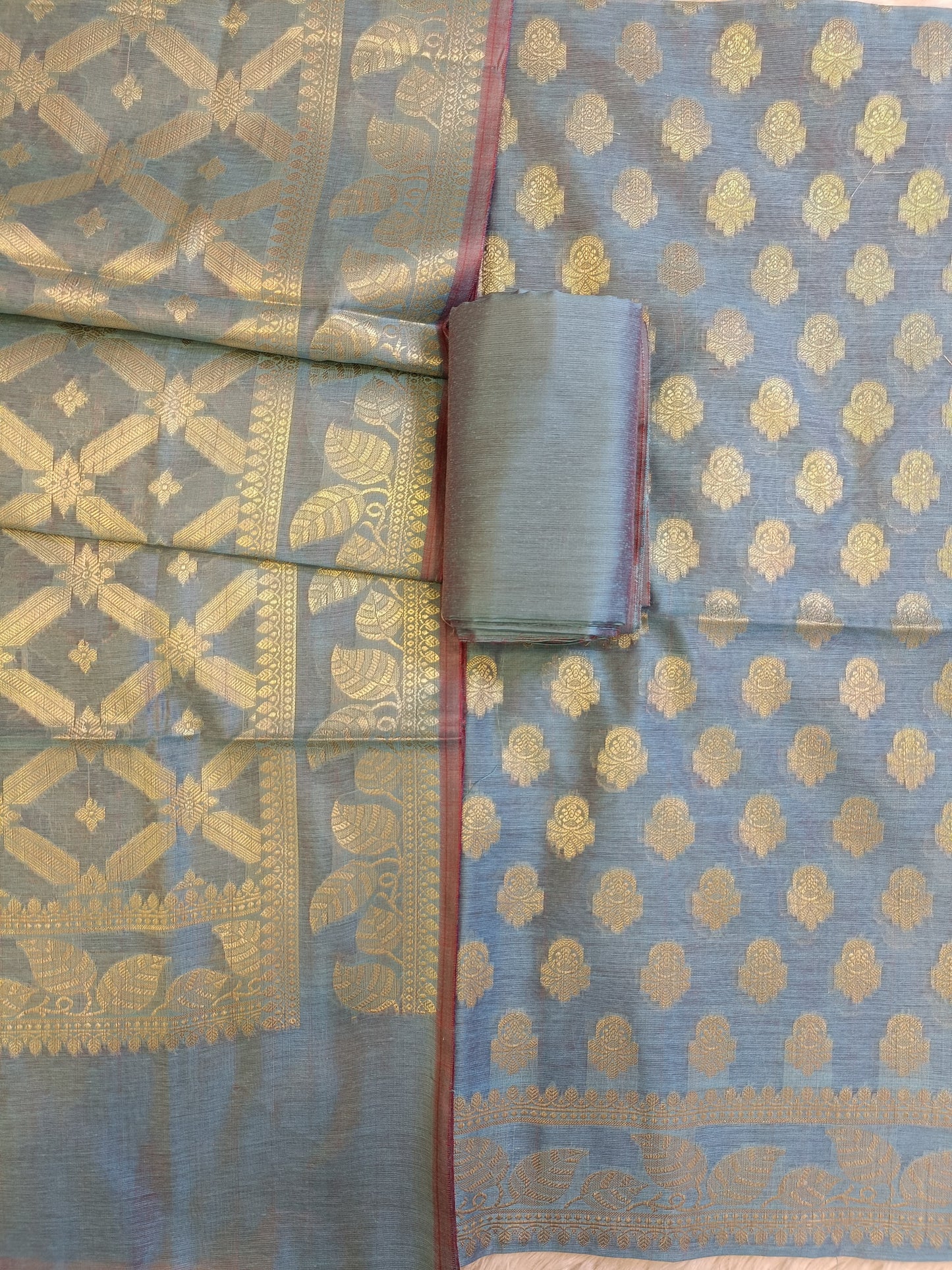 Light Blue Cotton Blend Floral Zari Booti with Zig-Zag Zari Jaal Dupatta Banarasi Suit 65SHL_PV5