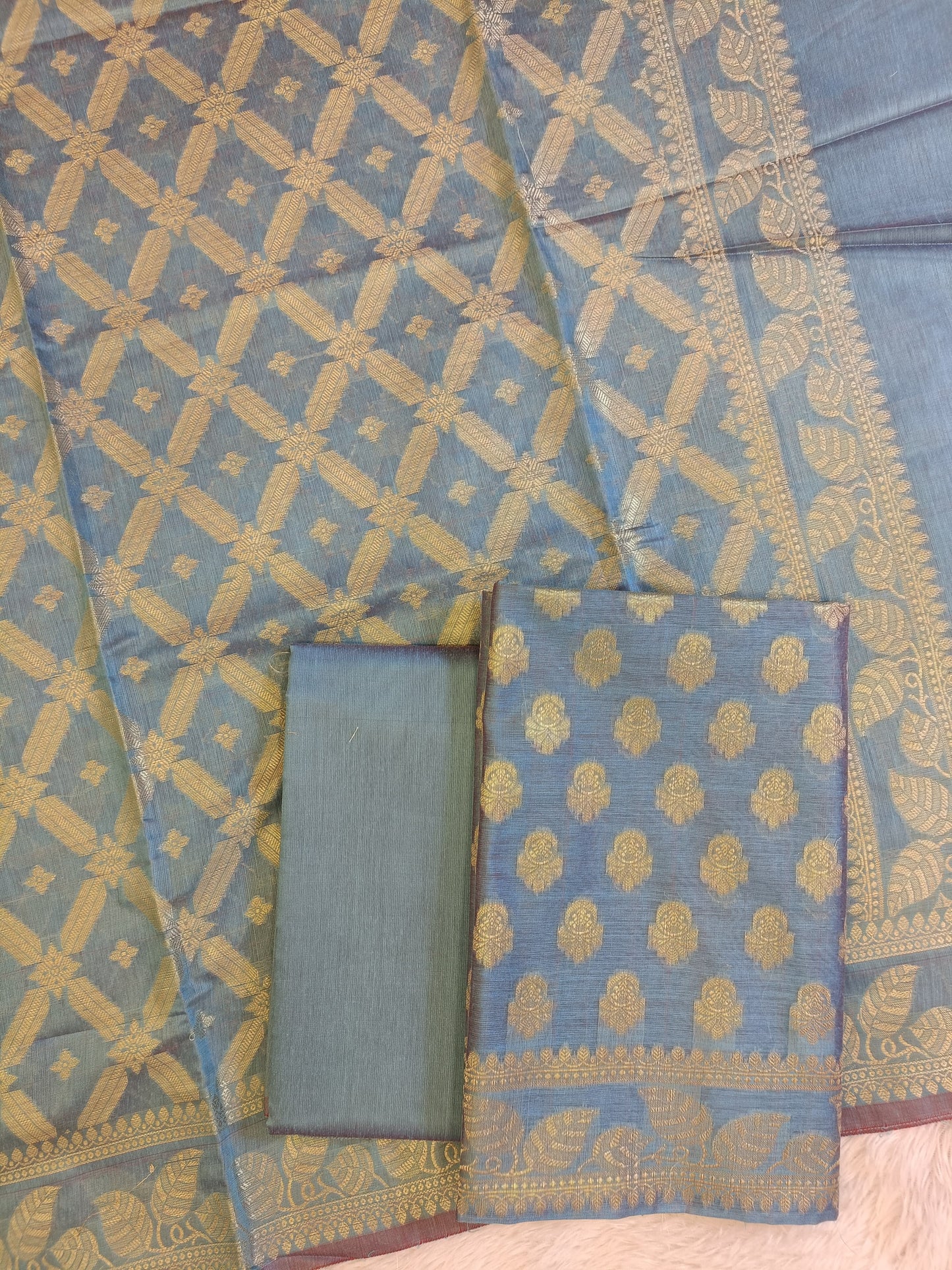 Light Blue Cotton Blend Floral Zari Booti with Zig-Zag Zari Jaal Dupatta Banarasi Suit 65SHL_PV5