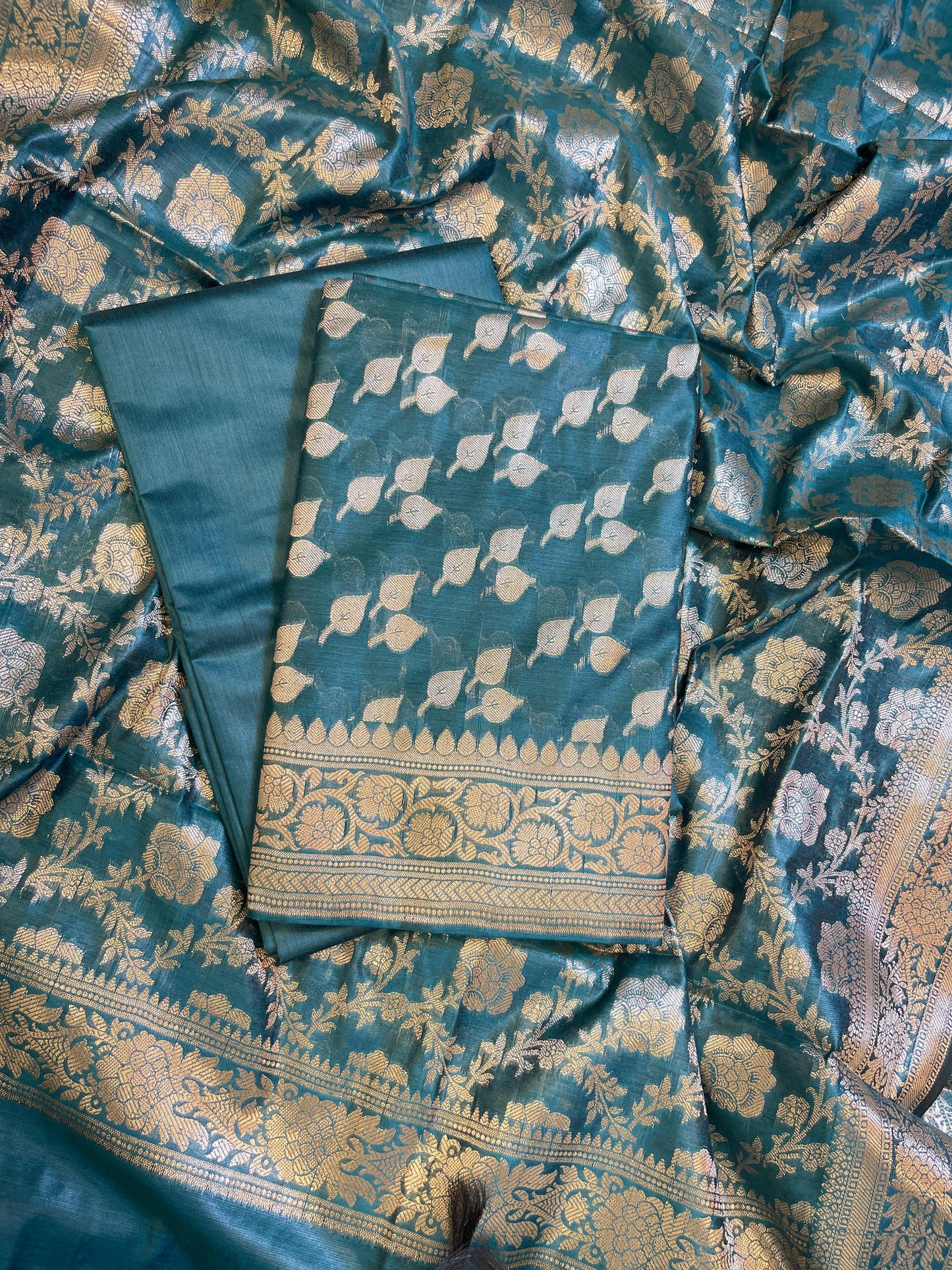 Seagreen Cotton Silk Floral Zari Booti Banarasi 3 pcs Suit Set 675JVC_133