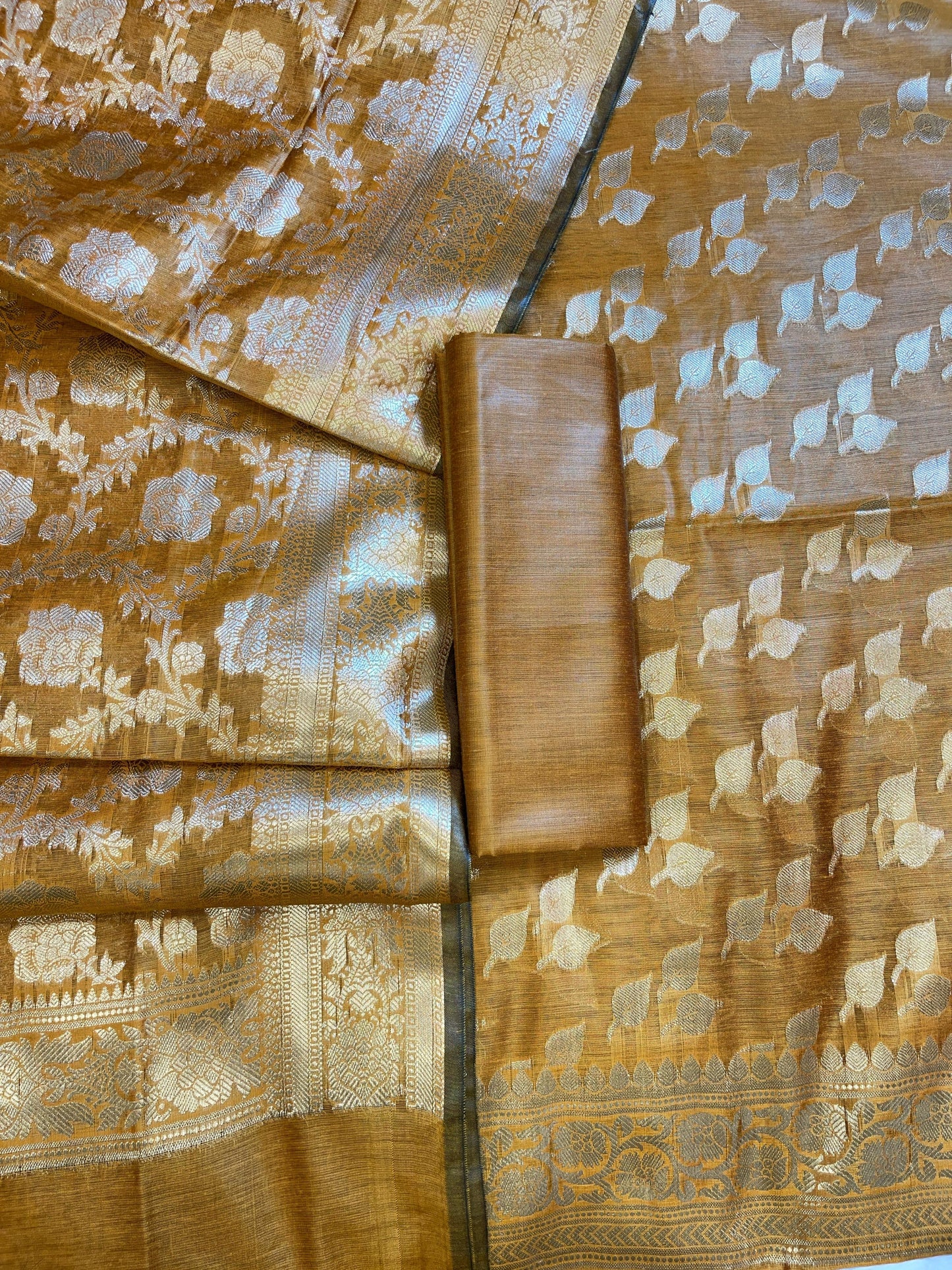 Mustard Yellow Cotton Silk Floral Zari Booti Banarasi 3 pcs Suit Set 675JVC_134