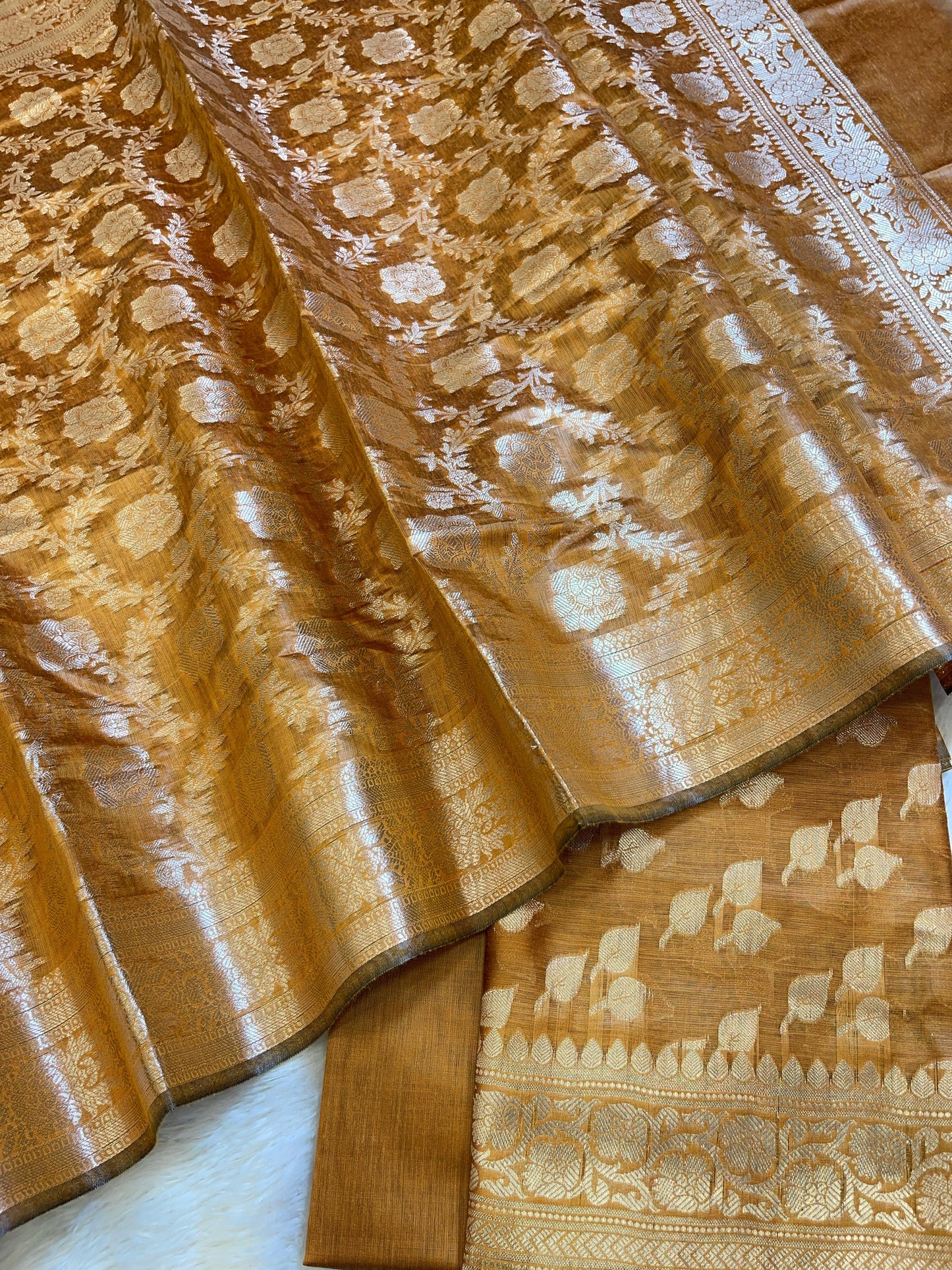 Mustard Yellow Cotton Silk Floral Zari Booti Banarasi 3 pcs Suit Set 675JVC_134