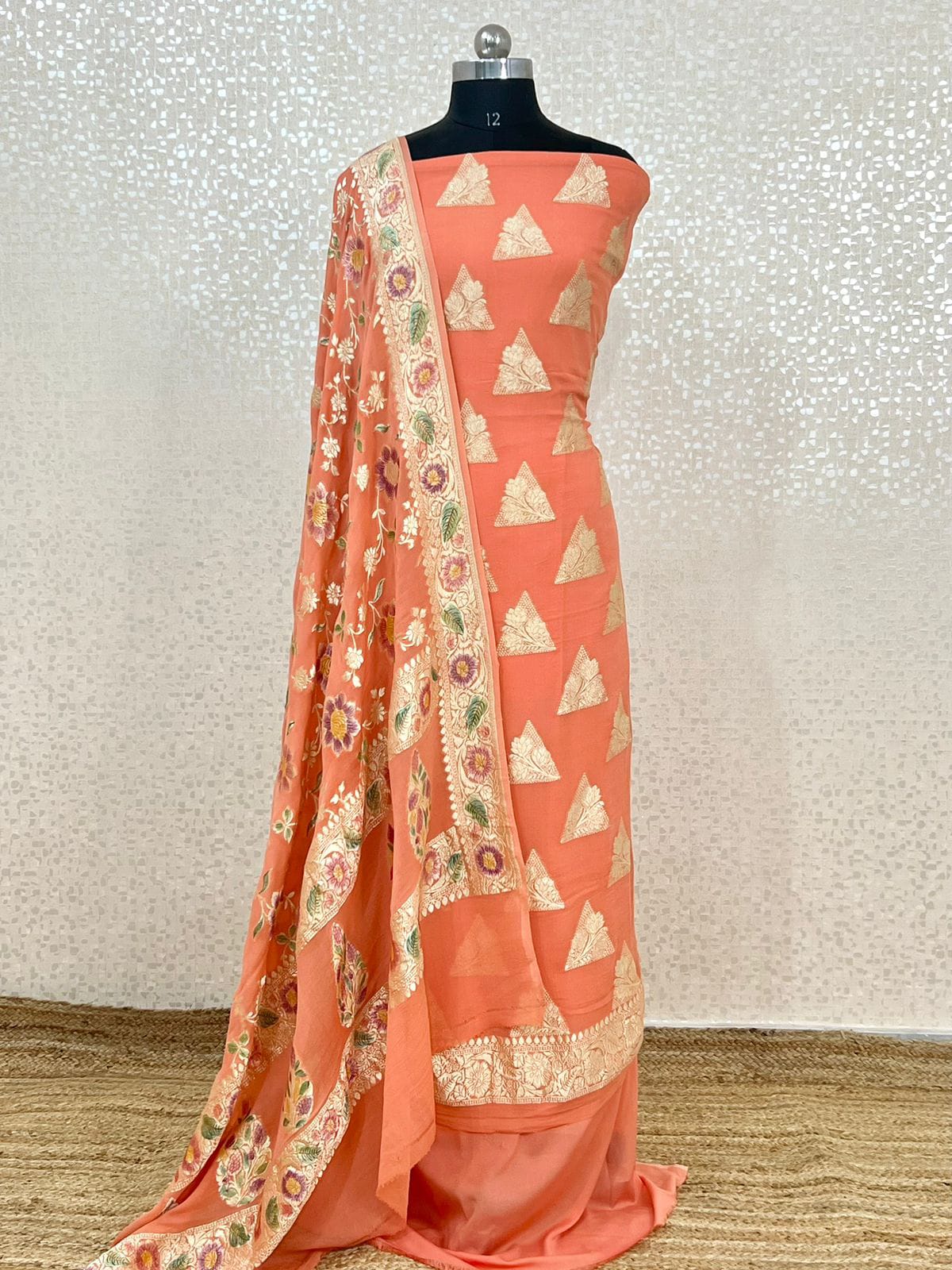 Peach Premium Khaddi Georgette Floral Water Zari Boota with Handbrush Dupatta Banarasi Suit Set 7000SKL_KG6