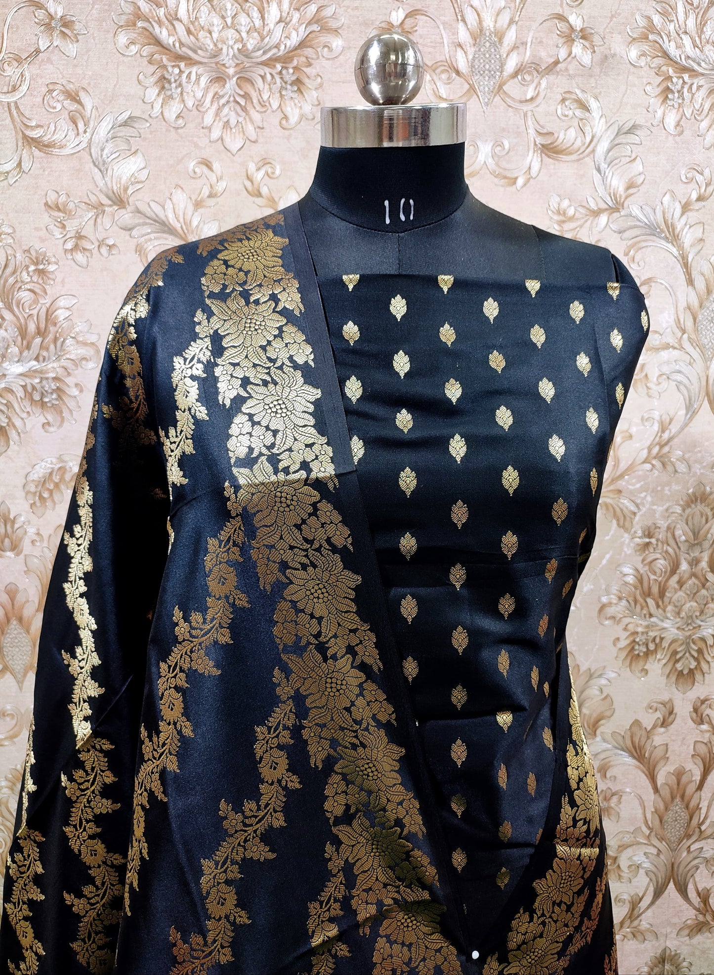 Black Katan Silk Floral Zari Booti with Aada Stripe Dupatta Banarasi Suit 700SKL_KS52