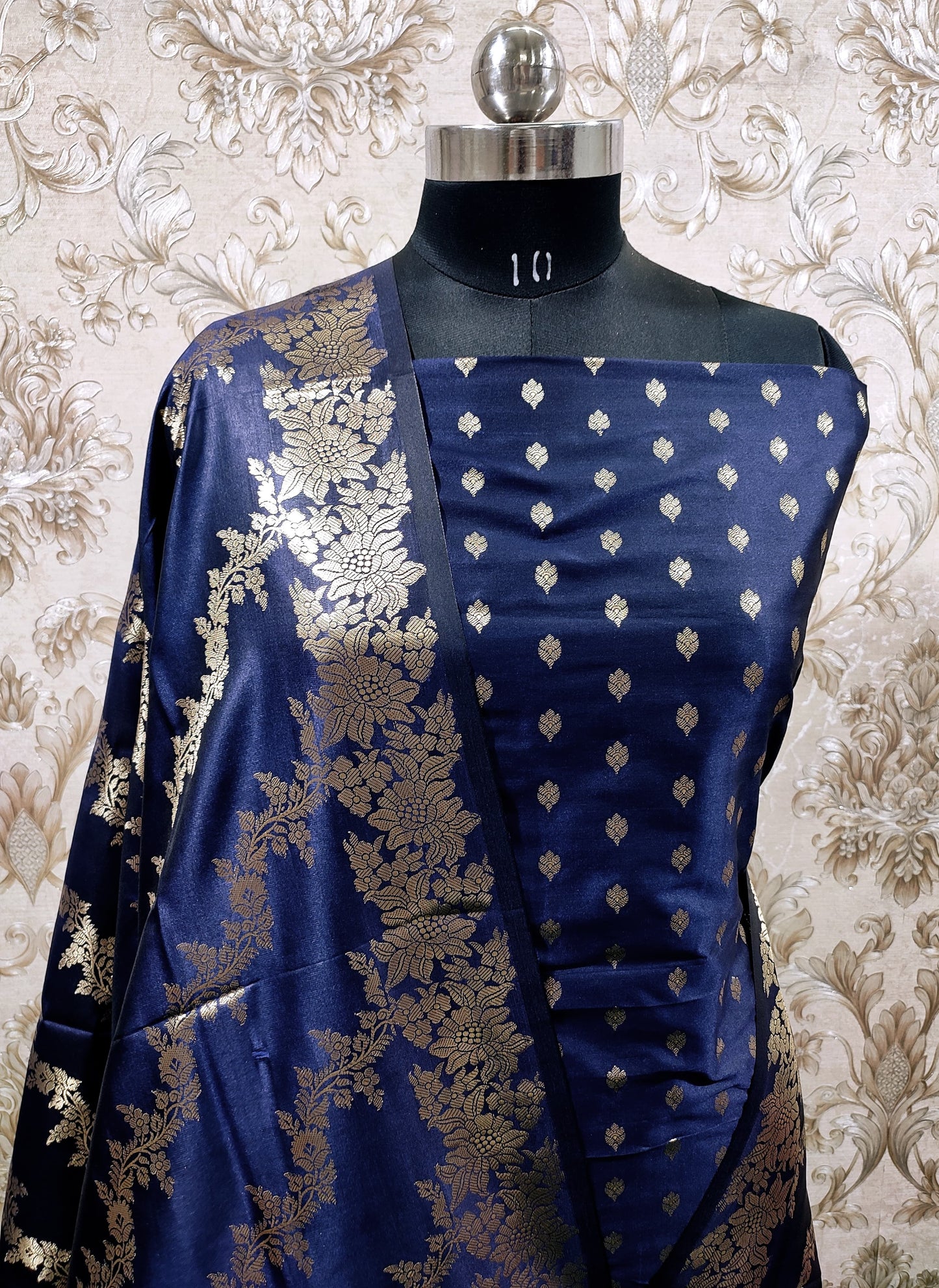 Navy Blue Katan Silk Floral Zari Booti with Aada Stripe Dupatta Banarasi Suit 700SKL_KS53
