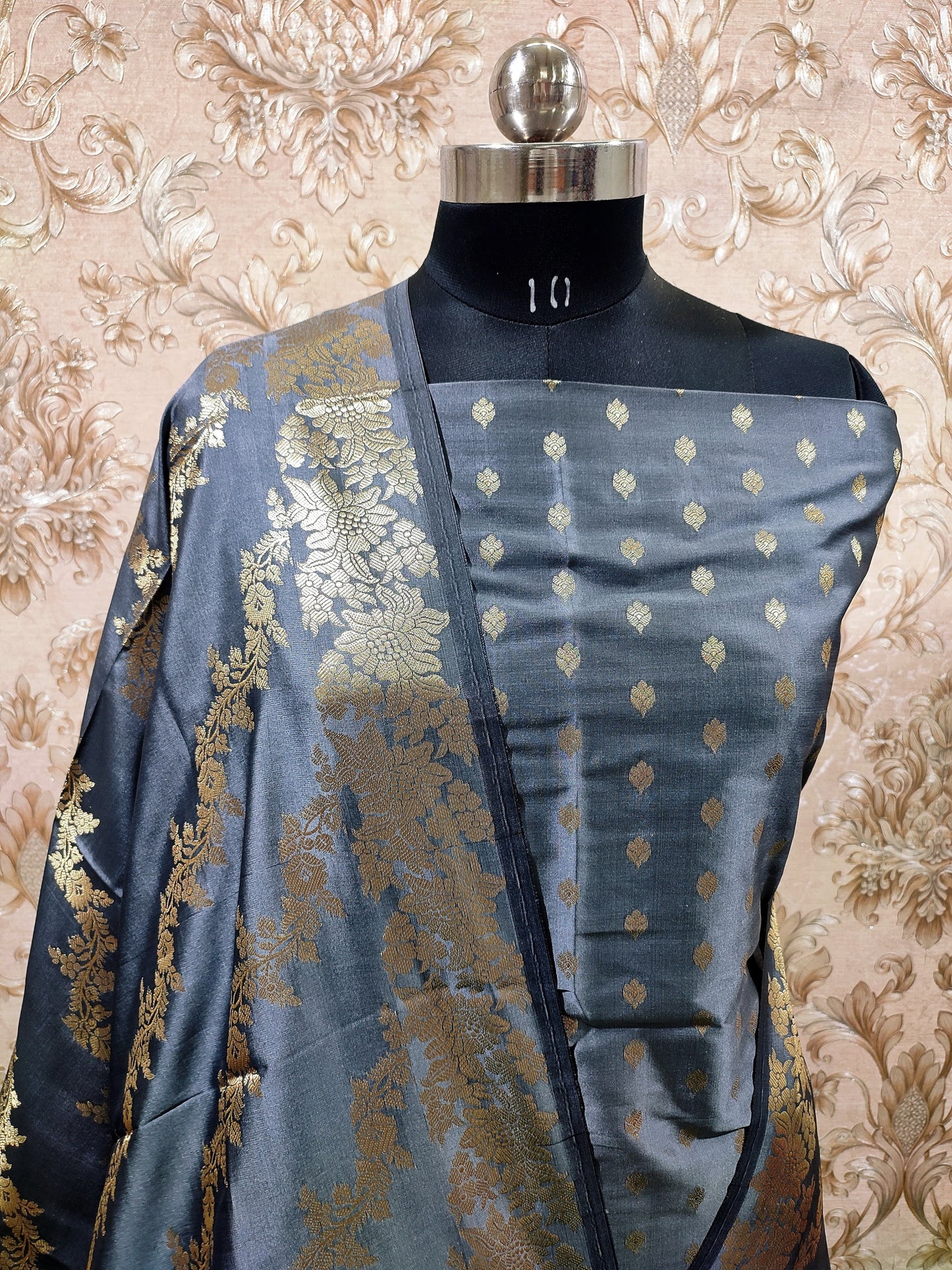 Grey Katan Silk Floral Zari Booti with Aada Stripe Dupatta Banarasi Suit 700SKL_KS54