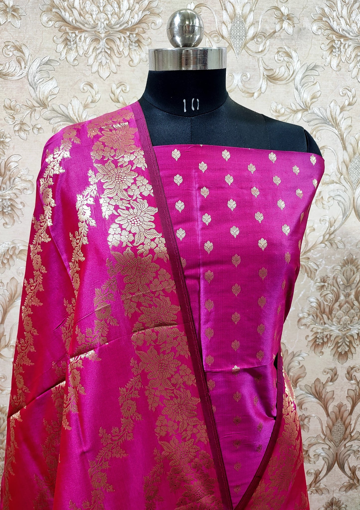 Magenta Katan Silk Floral Zari Booti with Aada Stripe Dupatta Banarasi Suit 700SKL_KS56