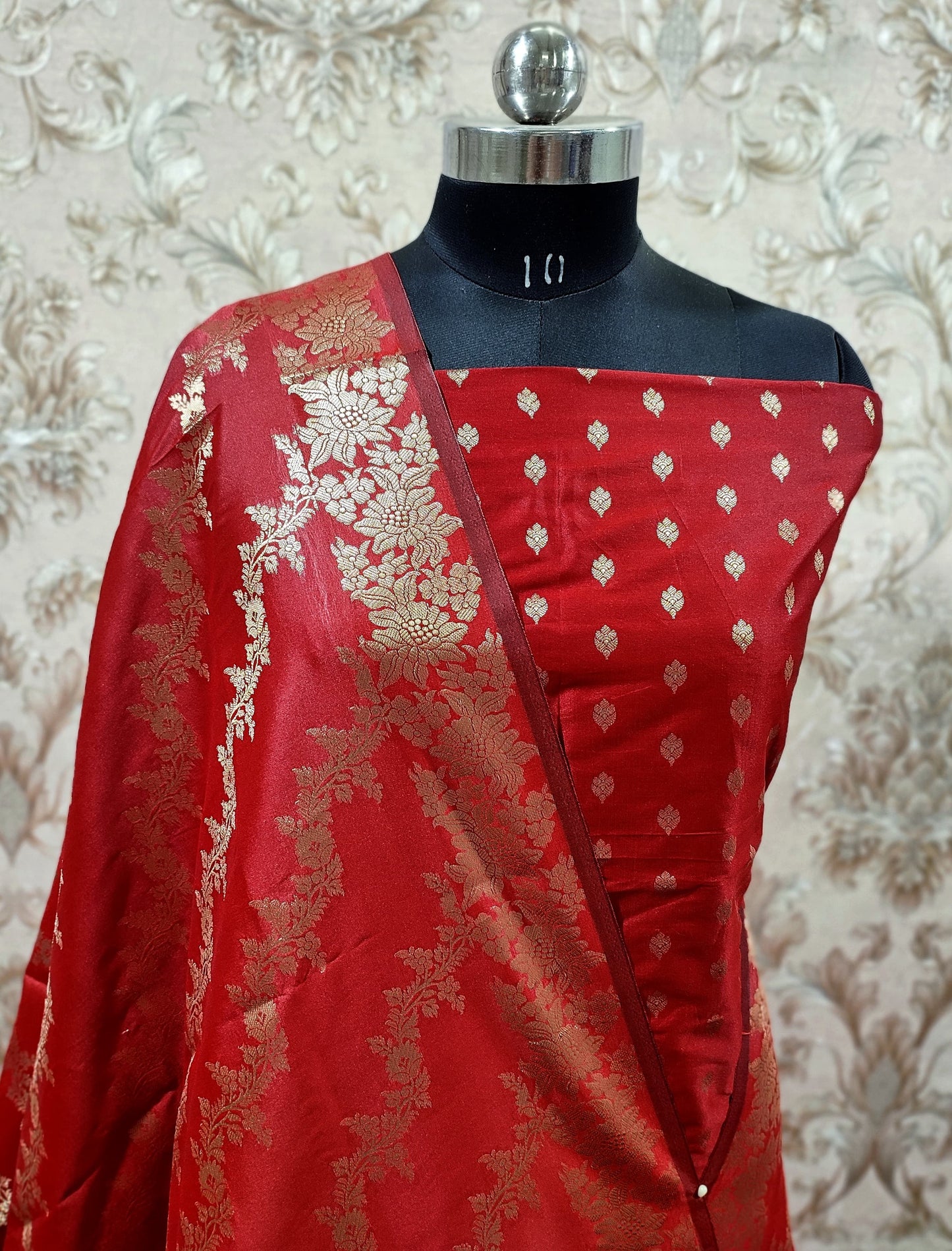 Red Katan Silk Floral Zari Booti with Aada Stripe Dupatta Banarasi Suit 700SKL_KS57