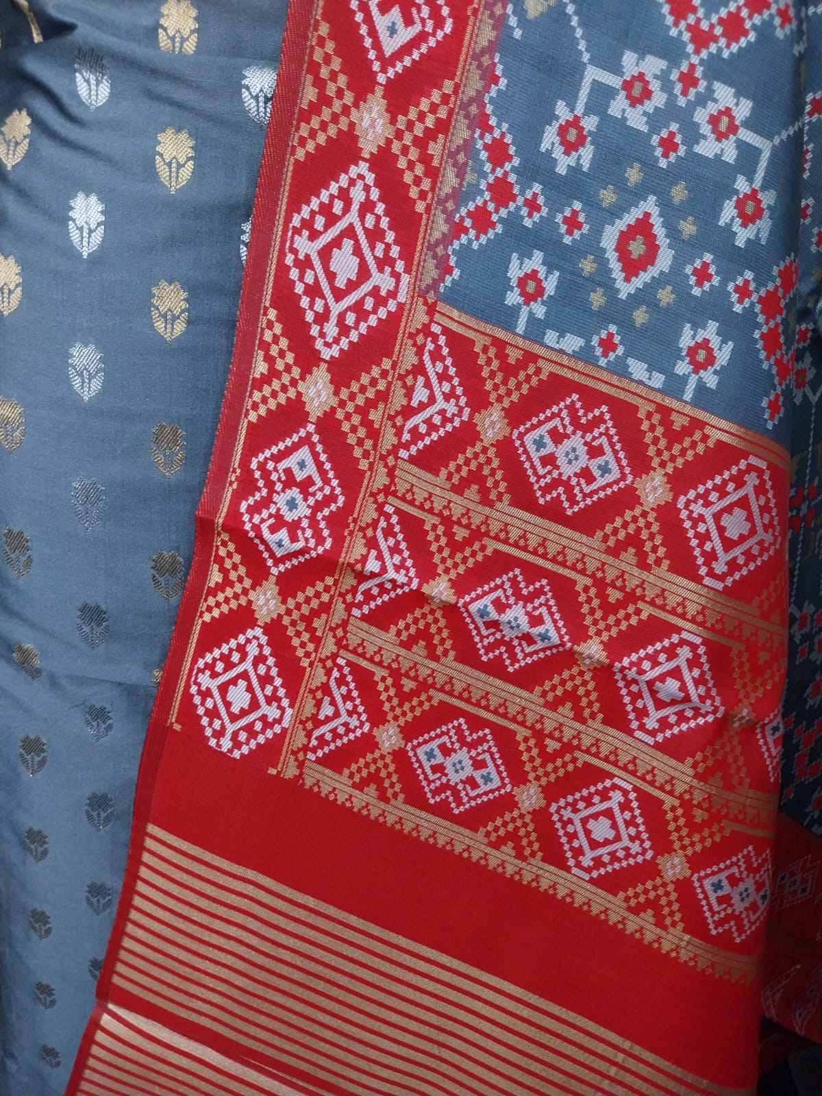 Grey Katan Silk Sona Rupa Floral Booti Banarasi Suit with Patola Dupatta 700SKL_KSP6