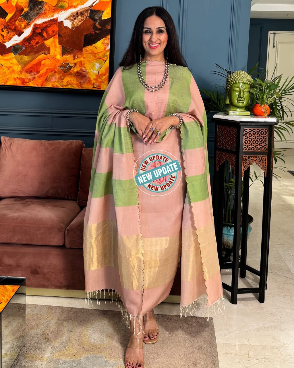 Elegant Light Pink & Green Cotton Silk Banarasi Suit with Zari Stripe Dupatta 750SKL_CS11