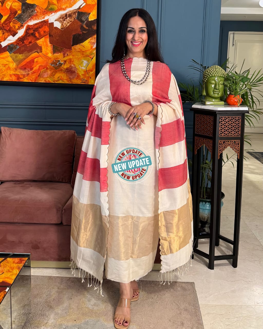 Elegant White & Red Cotton Silk Banarasi Suit with Zari Stripe Dupatta 750SKL_CS12