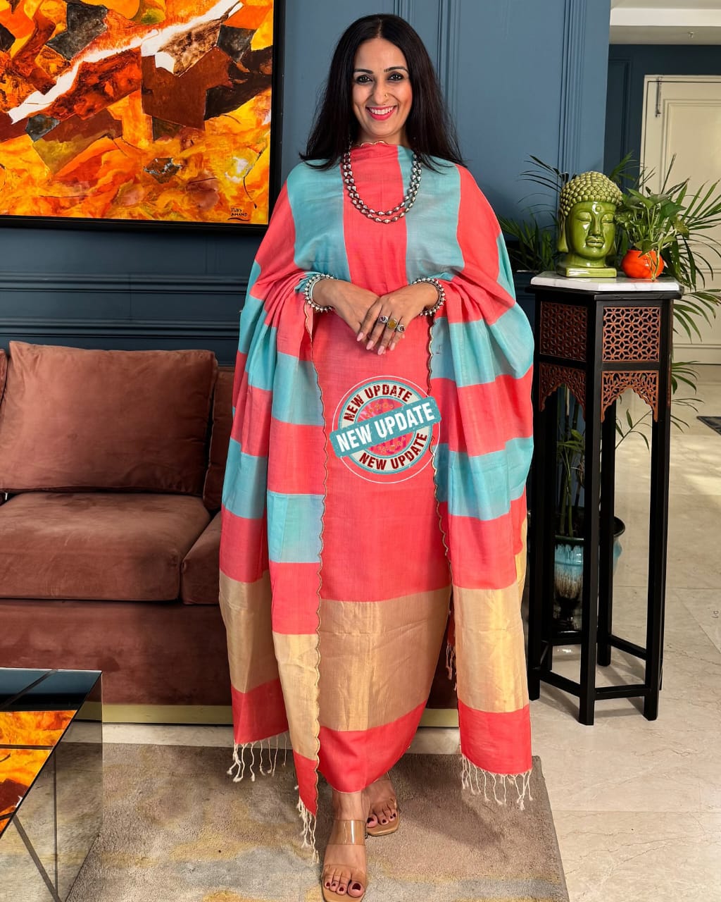 Elegant Peach & Sky Blue Cotton Silk Banarasi Suit with Zari Stripe Dupatta 750SKL_CS2