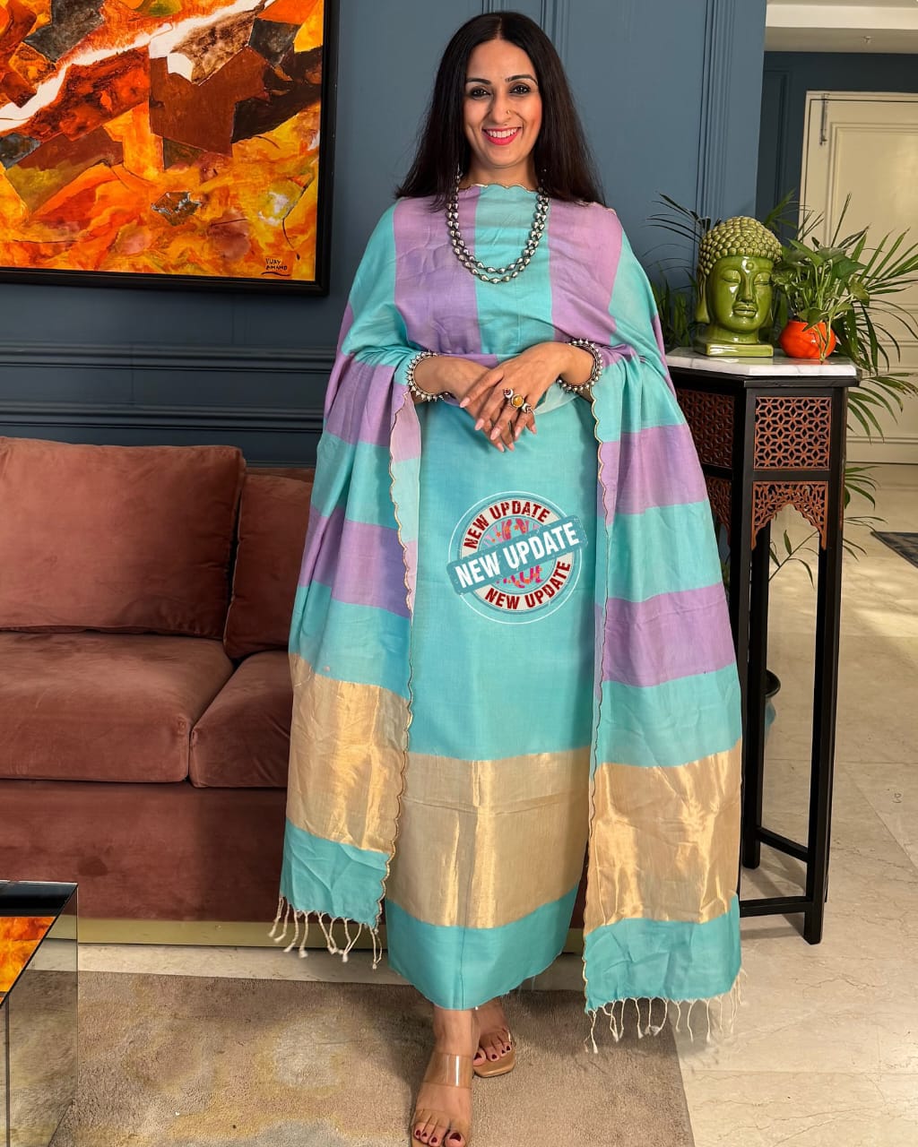 Elegant Sky Blue & Purple Cotton Silk Banarasi Suit with Zari Stripe Dupatta 750SKL_CS3