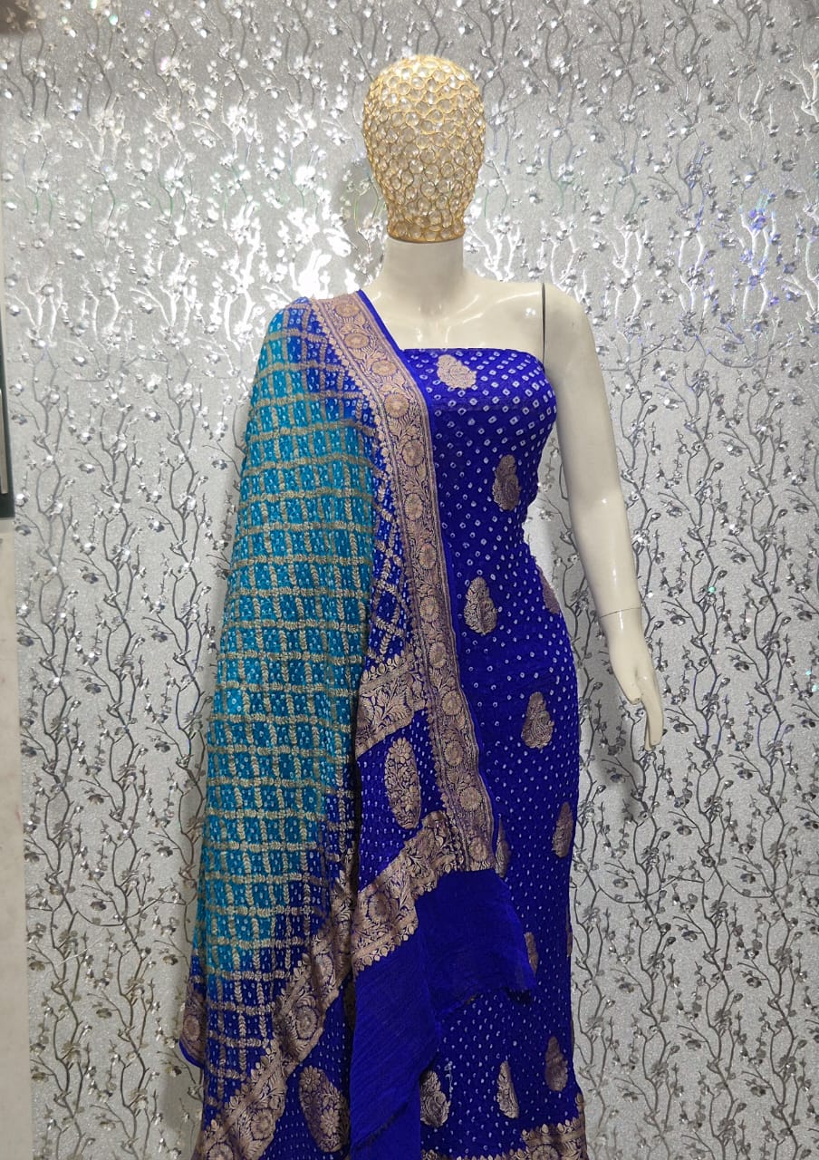 Pure Handloom Royal Blue Khaddi Georgette Banarasi Suit with Contrast Bandhani Dupatta 78SKL_KG3