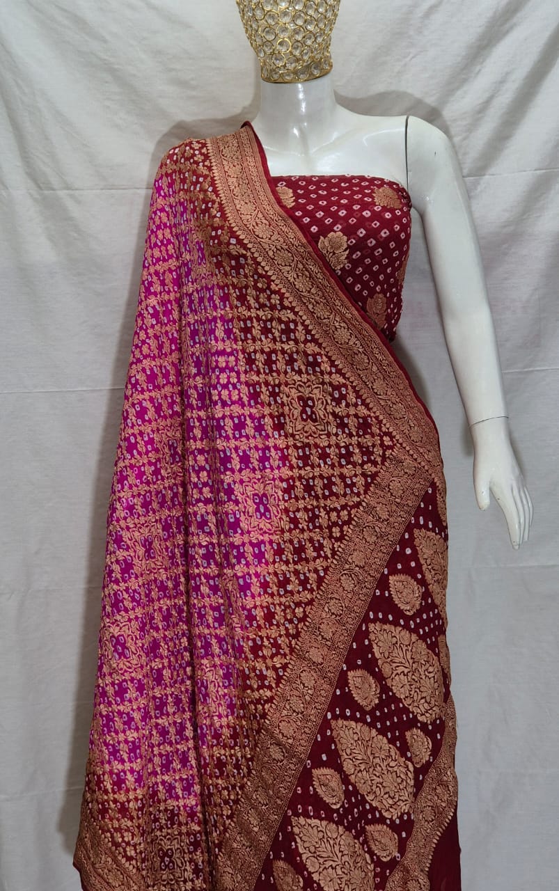 Pure Handloom Burgundy Khaddi Georgette Banarasi Suit with Contrast Bandhani Dupatta 78SKL_KG4