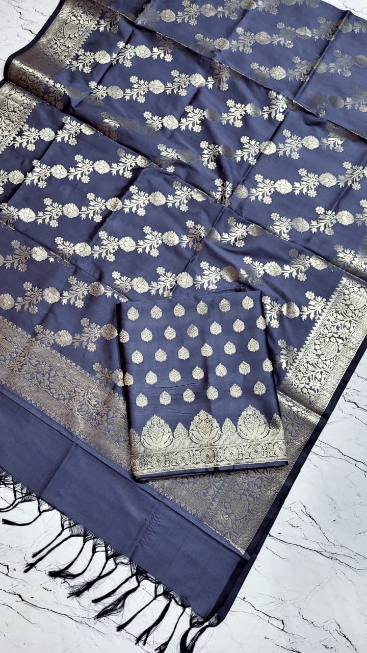 Grey Katan Silk Floral Zari Booti Banarasi Suit with Aada Zari Jaal Dupatta 800SKL_KSD1