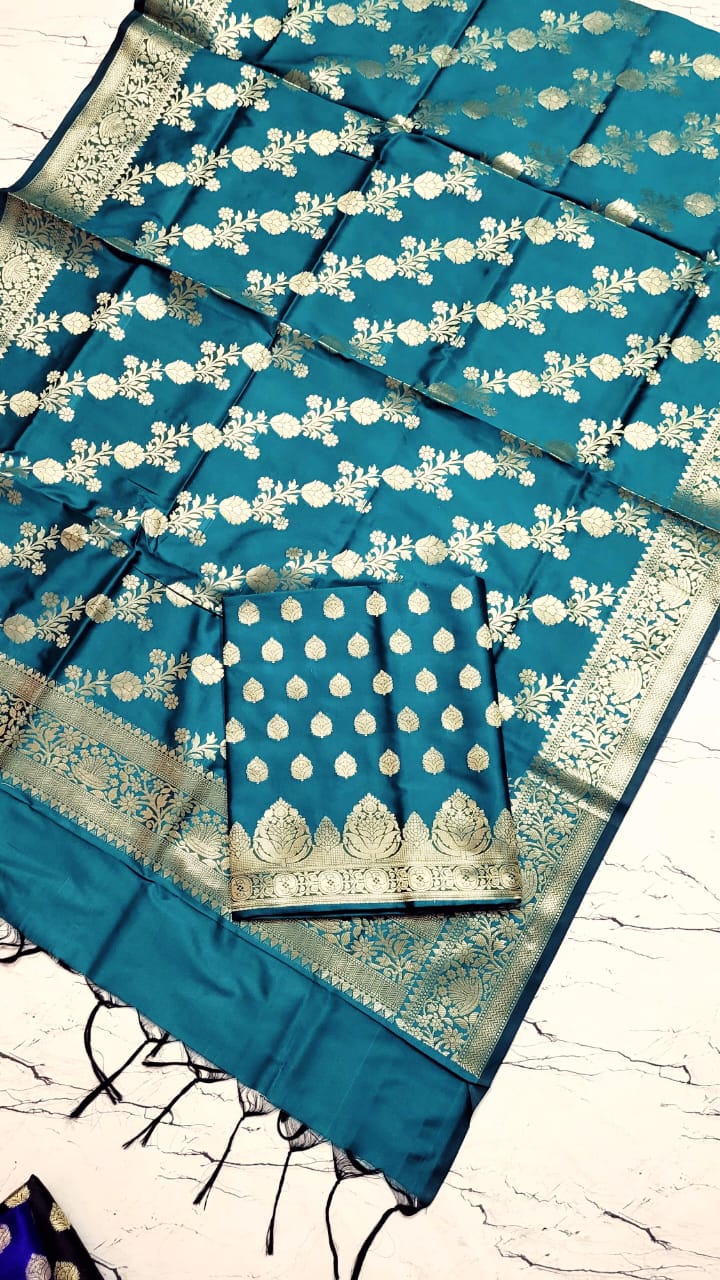 Teal Blue Katan Silk Floral Zari Booti Banarasi Suit with Aada Zari Jaal Dupatta 800SKL_KSD10
