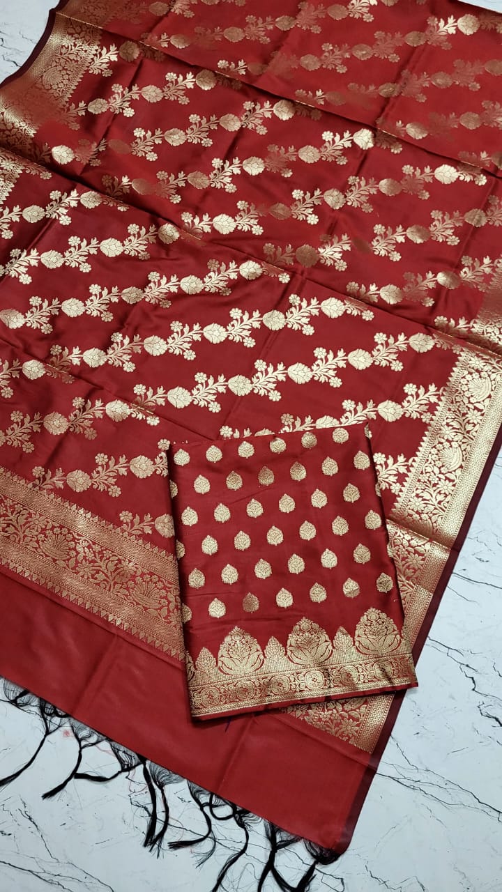 Red Katan Silk Floral Zari Booti Banarasi Suit with Aada Zari Jaal Dupatta 800SKL_KSD11