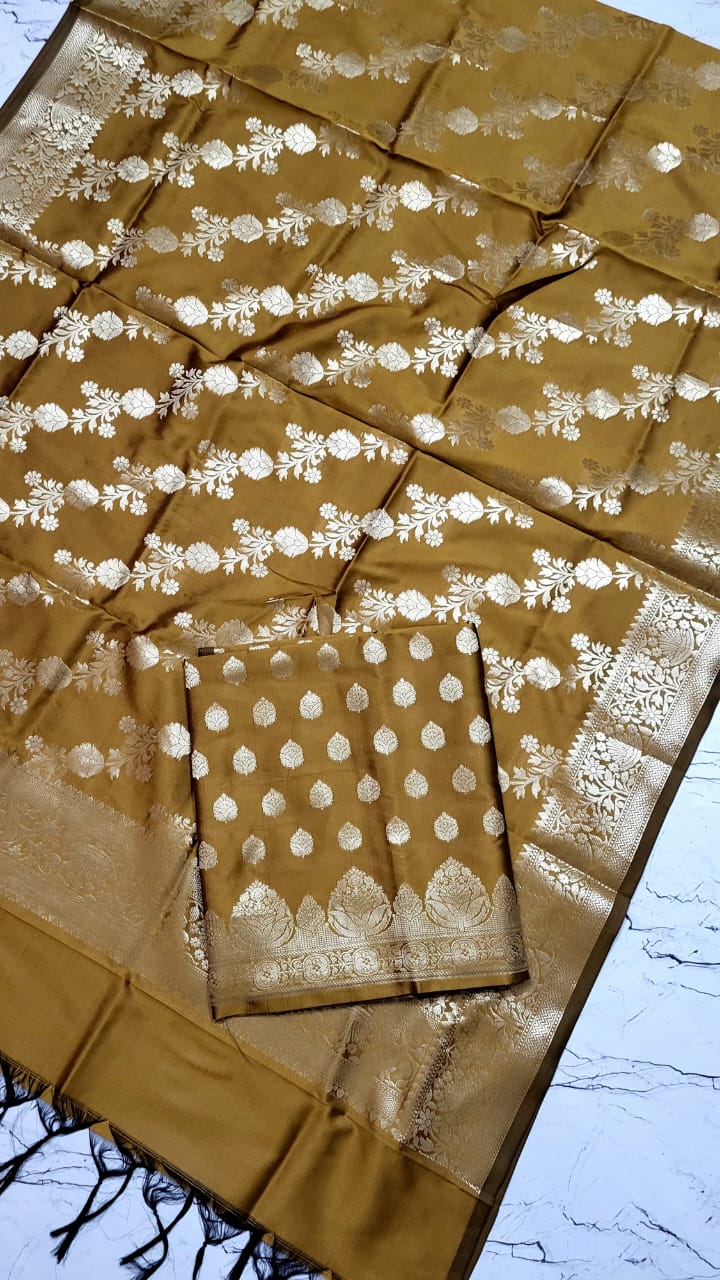 Mustard Gold Katan Silk Floral Zari Booti Banarasi Suit with Aada Zari Jaal Dupatta 800SKL_KSD2