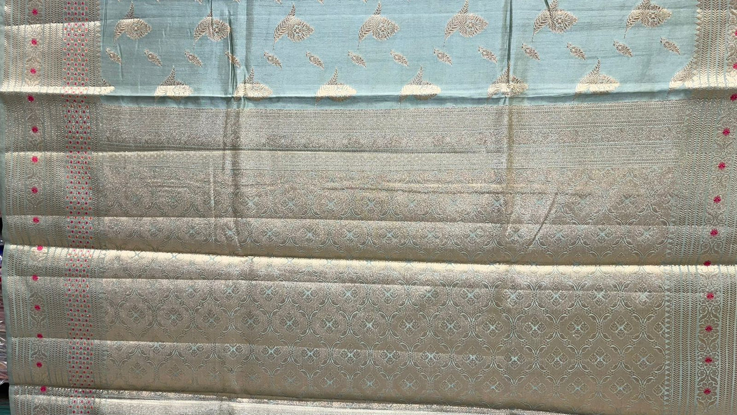 Elegant Faishana Pure Silk Handloom Light Green Chiniya Silk with Gold Zari Floral Booti and Minakari Border & Light green Blouse Piece