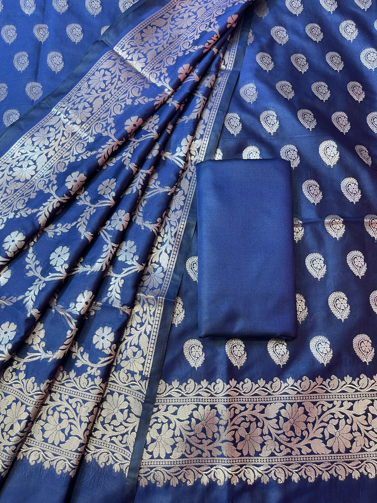 Navy Blue Semi Silk Floral Zari Booti Banarasi 3 pcs Suit Set 900AJ_SK20