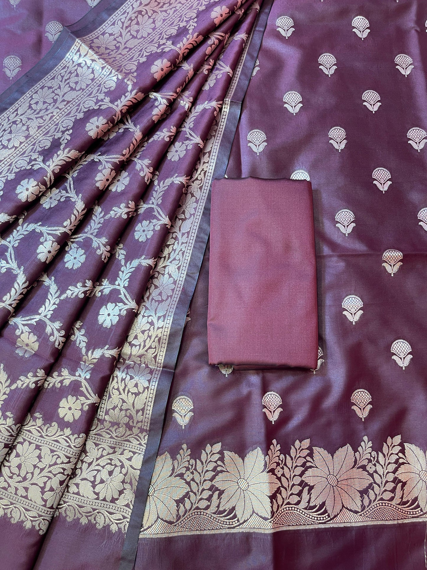 Maroon Semi Silk Floral Zari Booti Banarasi 3 pcs Suit Set with Zari Jaal Dupatta 900AJ_SK25