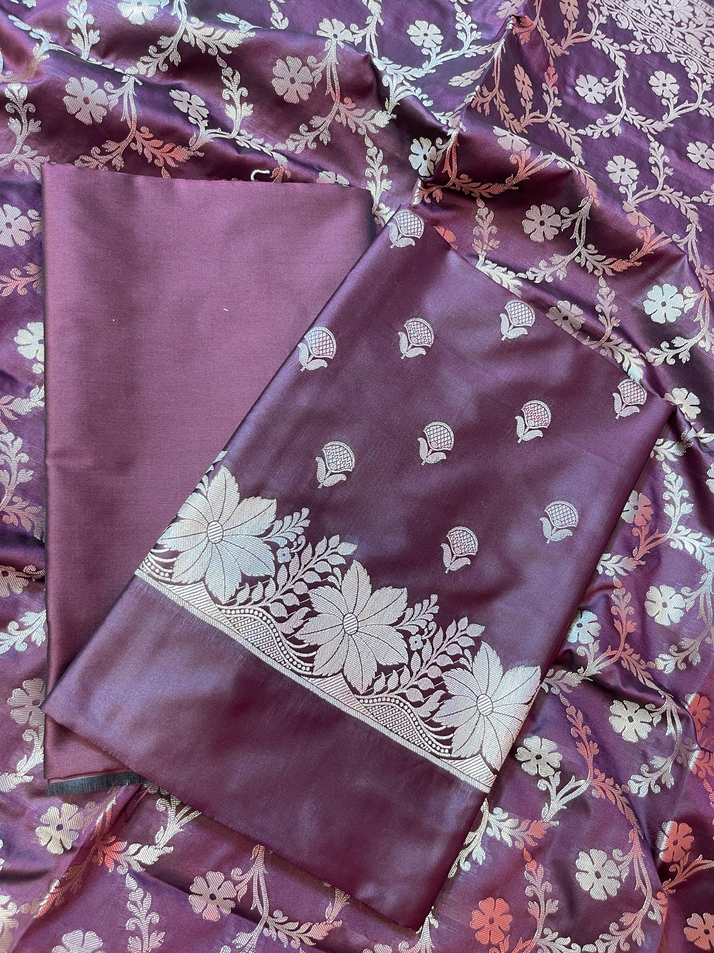 Maroon Semi Silk Floral Zari Booti Banarasi 3 pcs Suit Set with Zari Jaal Dupatta 900AJ_SK25