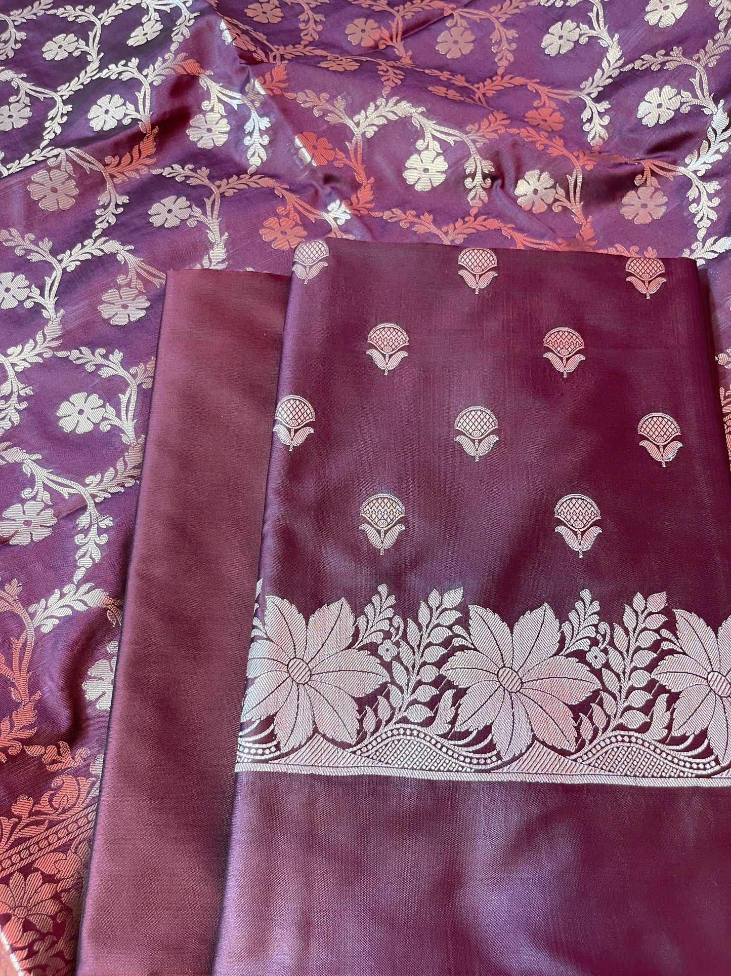 Maroon Semi Silk Floral Zari Booti Banarasi 3 pcs Suit Set with Zari Jaal Dupatta 900AJ_SK25
