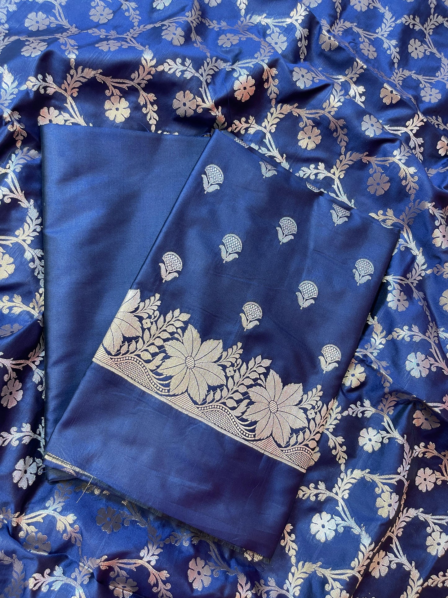 Navy Blue Semi Silk Floral Zari Booti Banarasi 3 pcs Suit Set with Zari Jaal Dupatta 900AJ_SK30