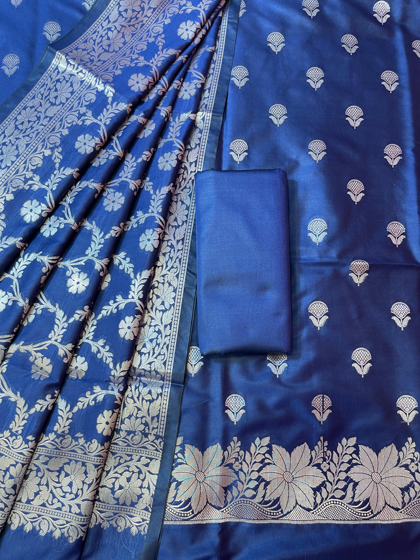 Navy Blue Semi Silk Floral Zari Booti Banarasi 3 pcs Suit Set with Zari Jaal Dupatta 900AJ_SK30