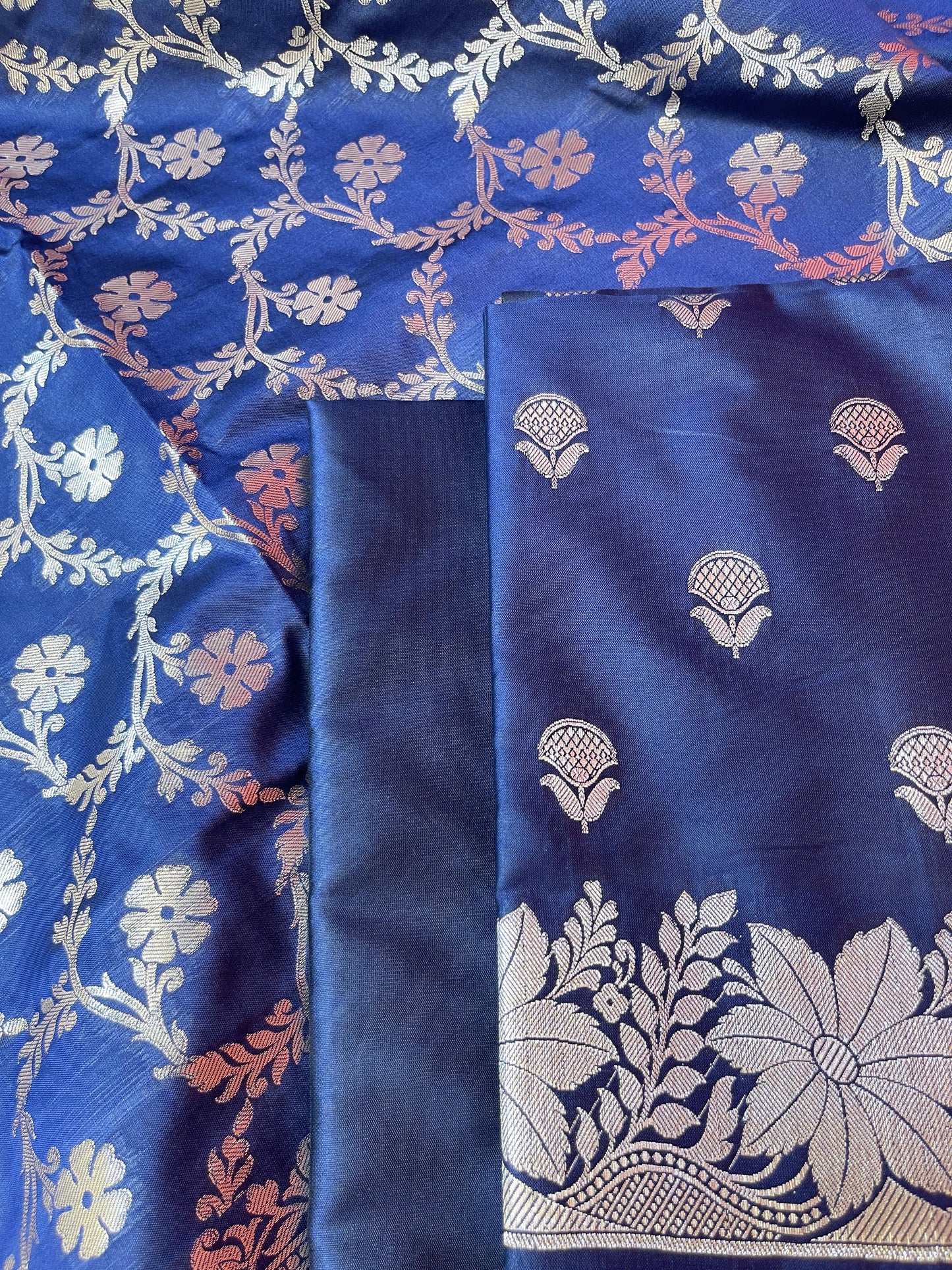 Navy Blue Semi Silk Floral Zari Booti Banarasi 3 pcs Suit Set with Zari Jaal Dupatta 900AJ_SK30
