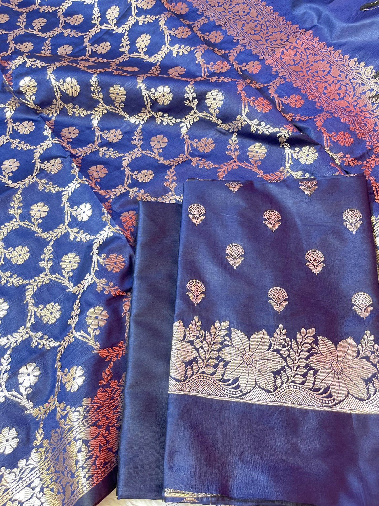 Navy Blue Semi Silk Floral Zari Booti Banarasi 3 pcs Suit Set with Zari Jaal Dupatta 900AJ_SK30